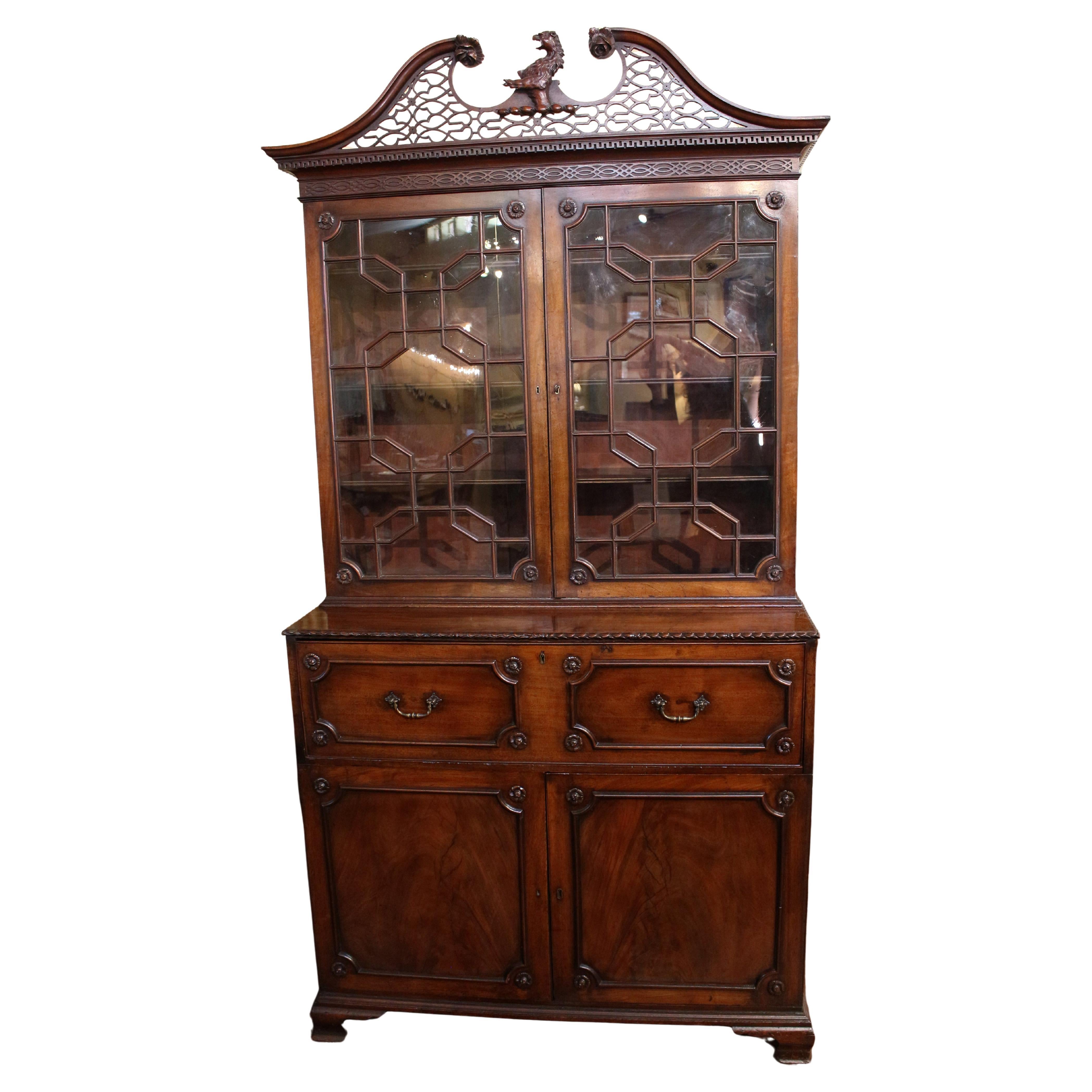 C. 1780 English Armorial Crested Secretaire Bookcase For Sale