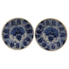 C. 1800 Pair of Delft Blue and White Peacock Feather Vase Plates