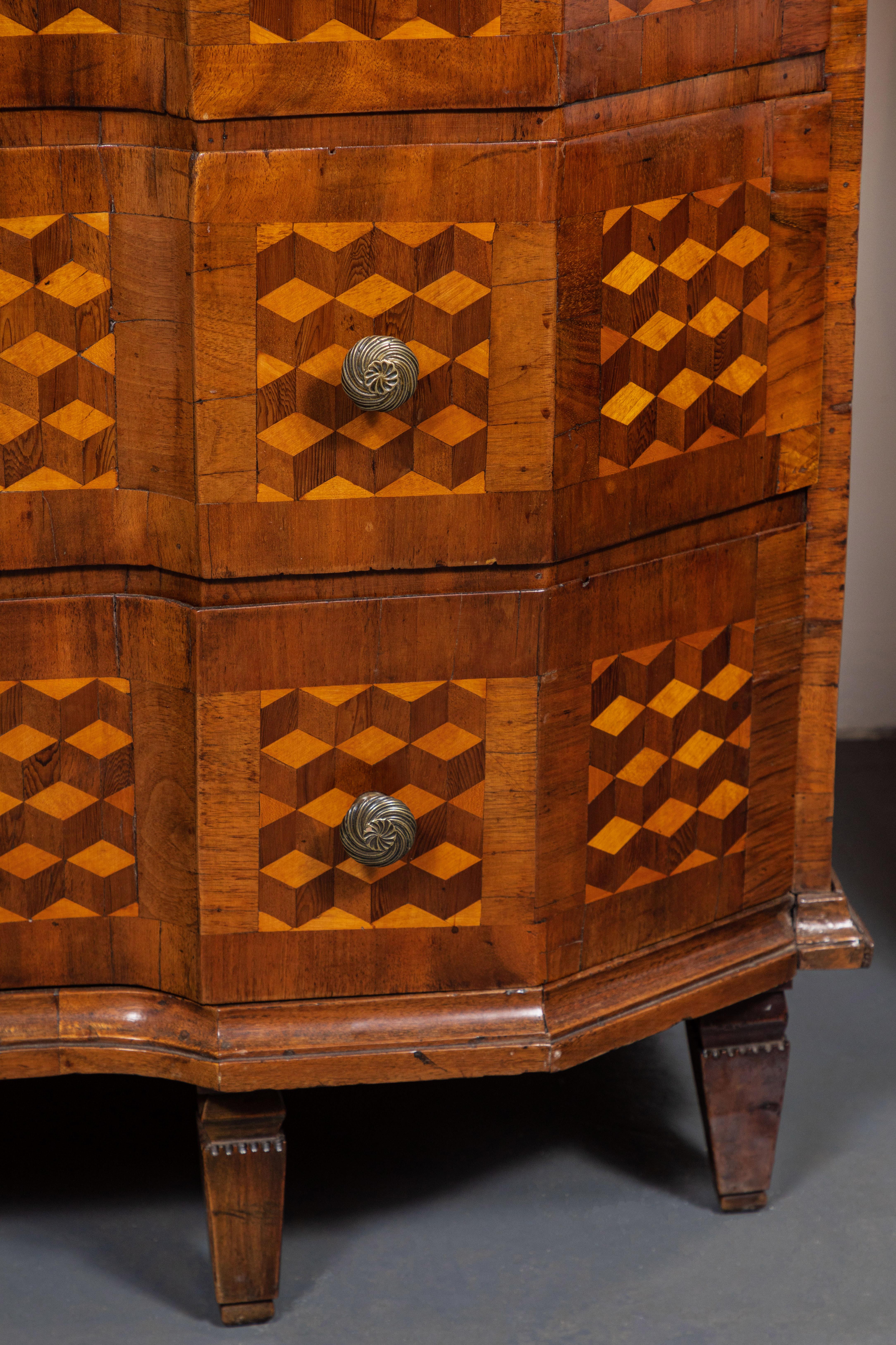 Hand-Carved Parquetry Veneered Italian Commode, circa 1800 For Sale