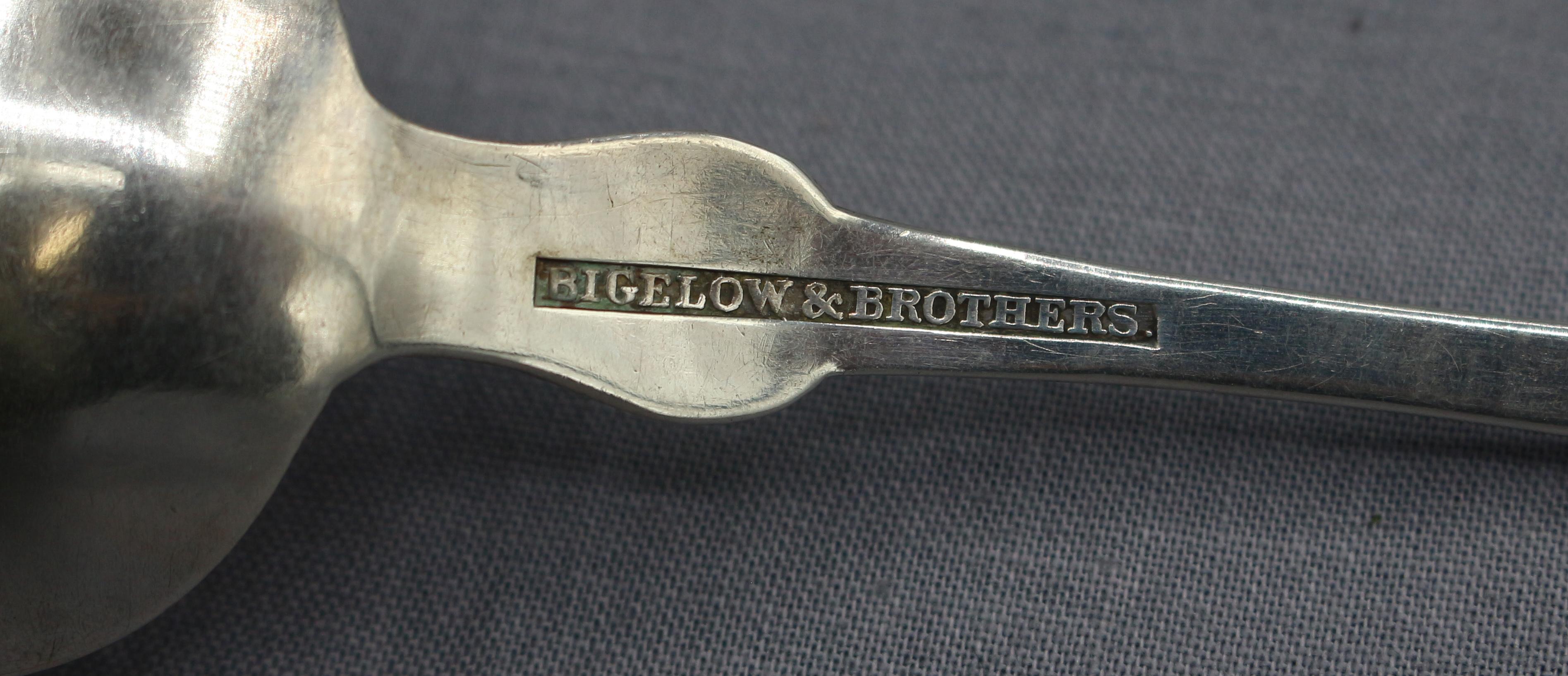 c. 1840-50 Set of 4 Coin Silver Serving Spoons by Bigelow & Brothers In Good Condition For Sale In Chapel Hill, NC