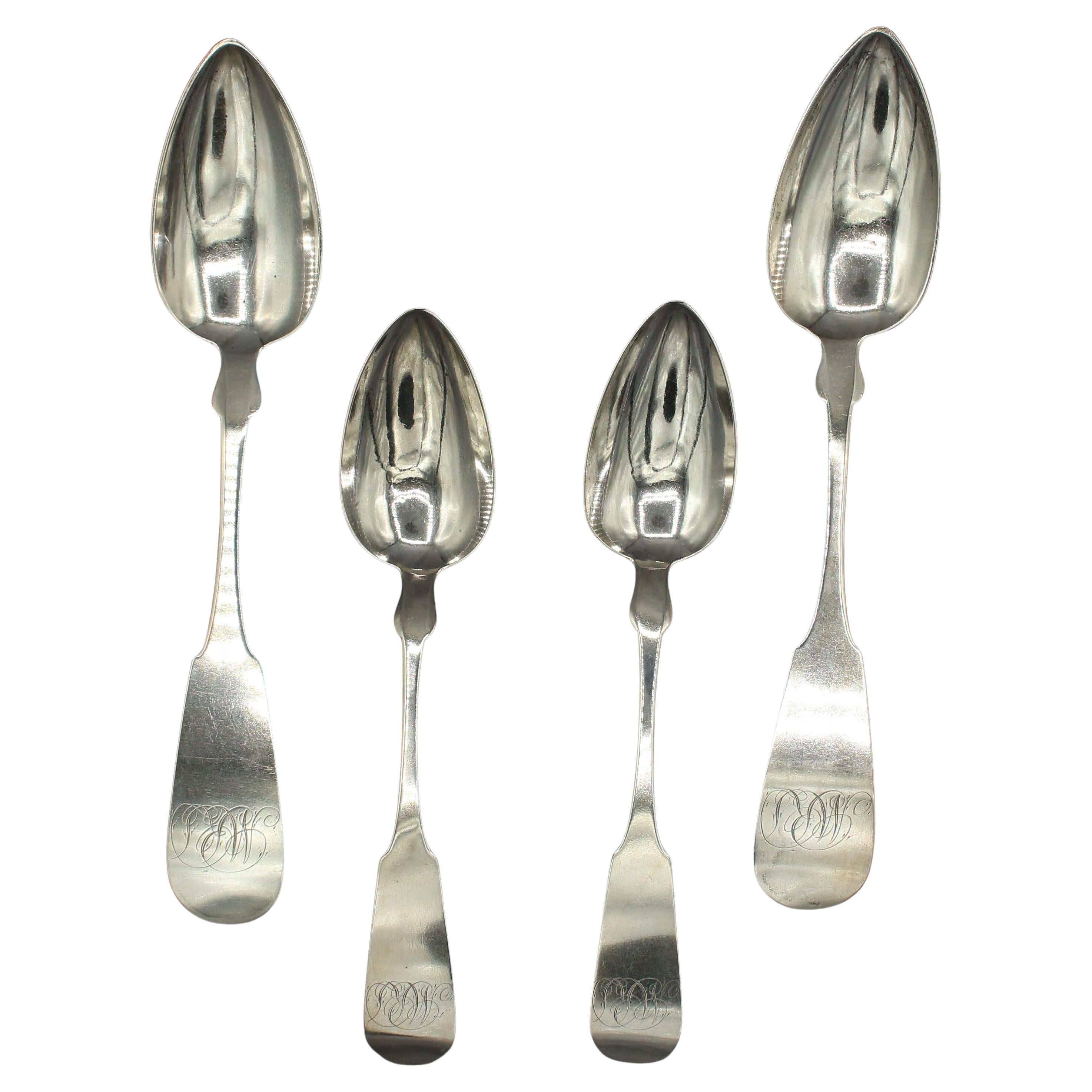 c. 1840-50 Set of 4 Coin Silver Serving Spoons by Bigelow & Brothers For Sale