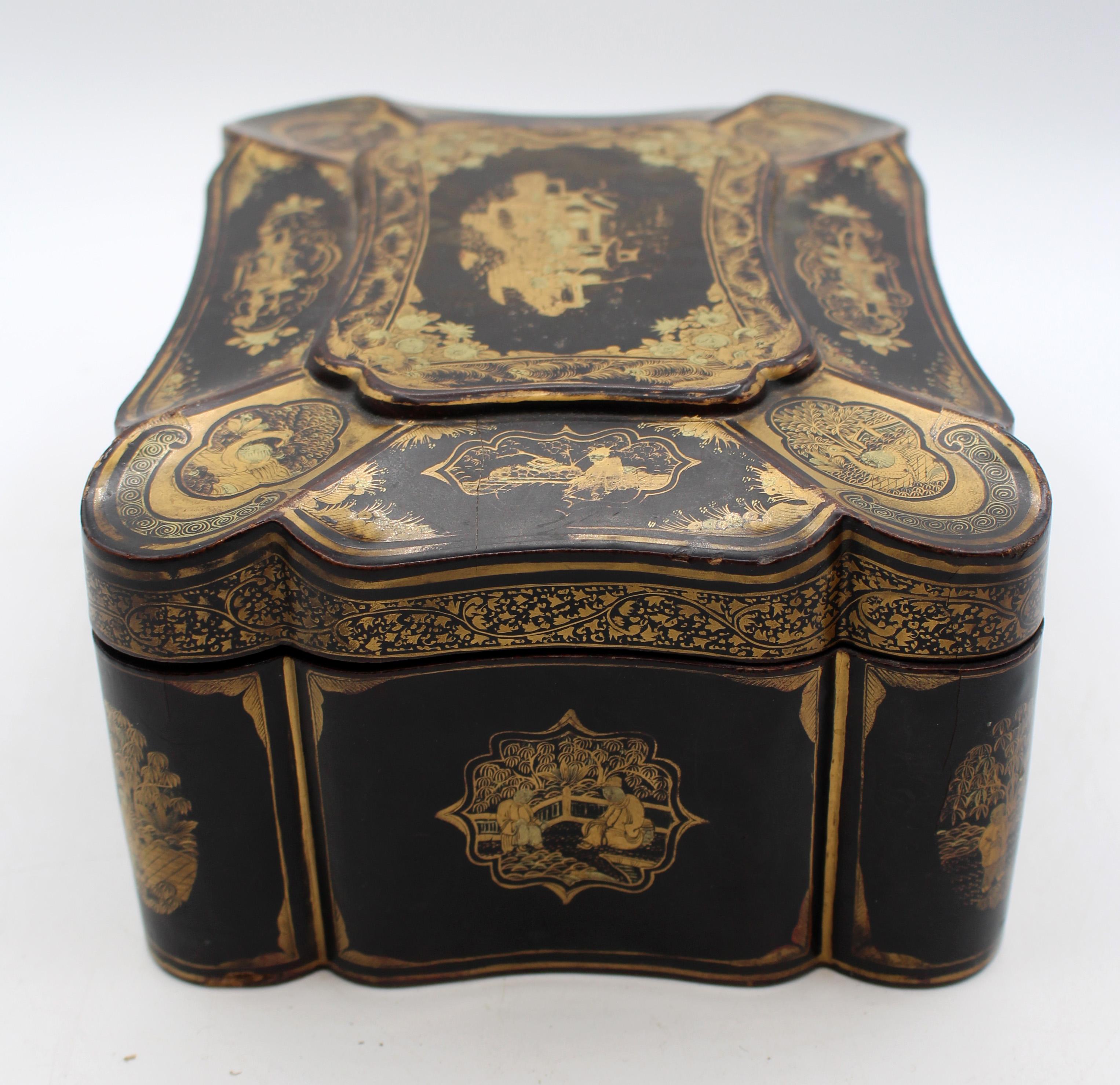 c. 1840-60 Chinese Lacquer on Wood Cartouche Shaped Box In Good Condition For Sale In Chapel Hill, NC