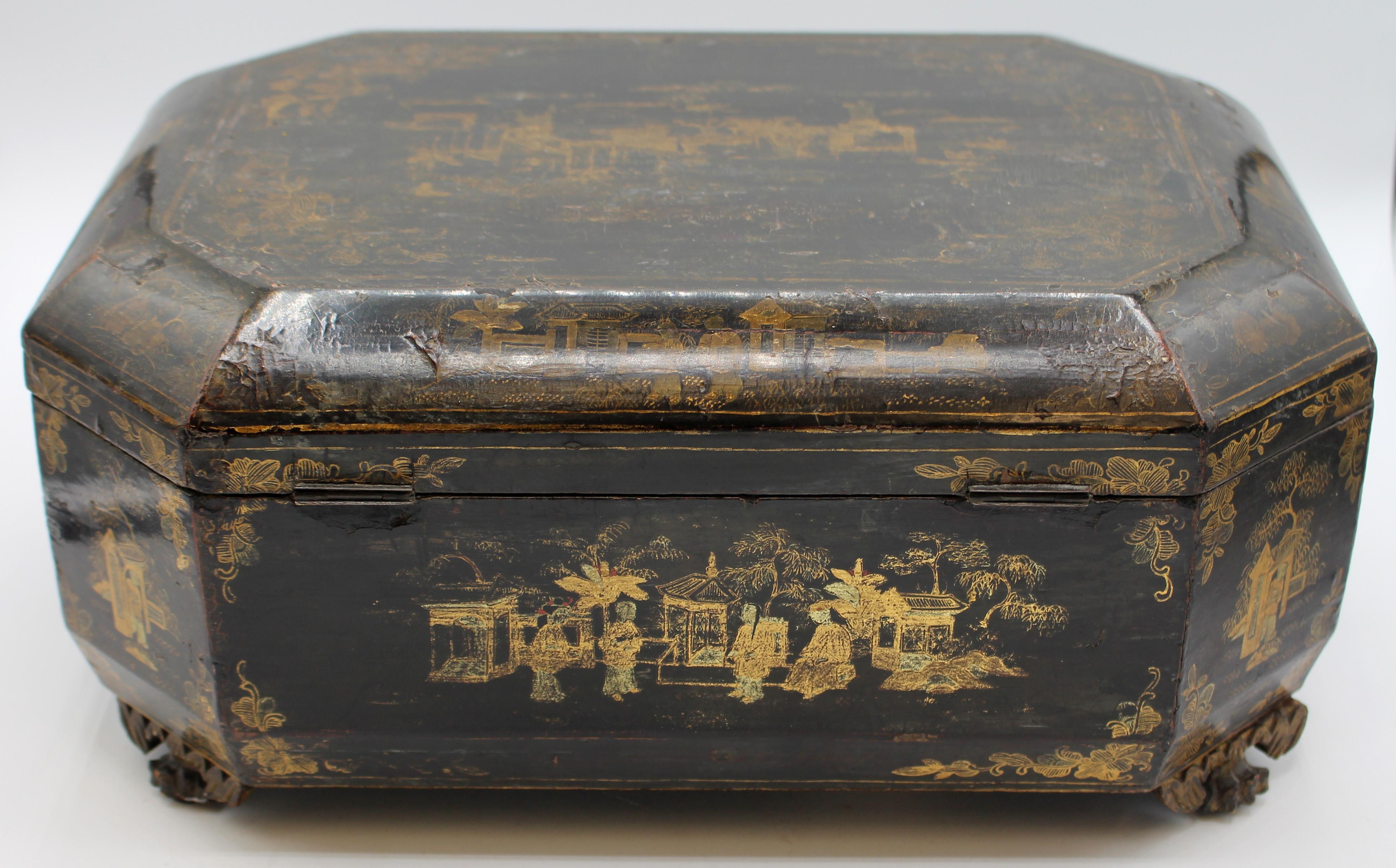 c. 1840-60 Gilt & Lacquer Decorated Chinese Export Sewing Box In Good Condition For Sale In Chapel Hill, NC