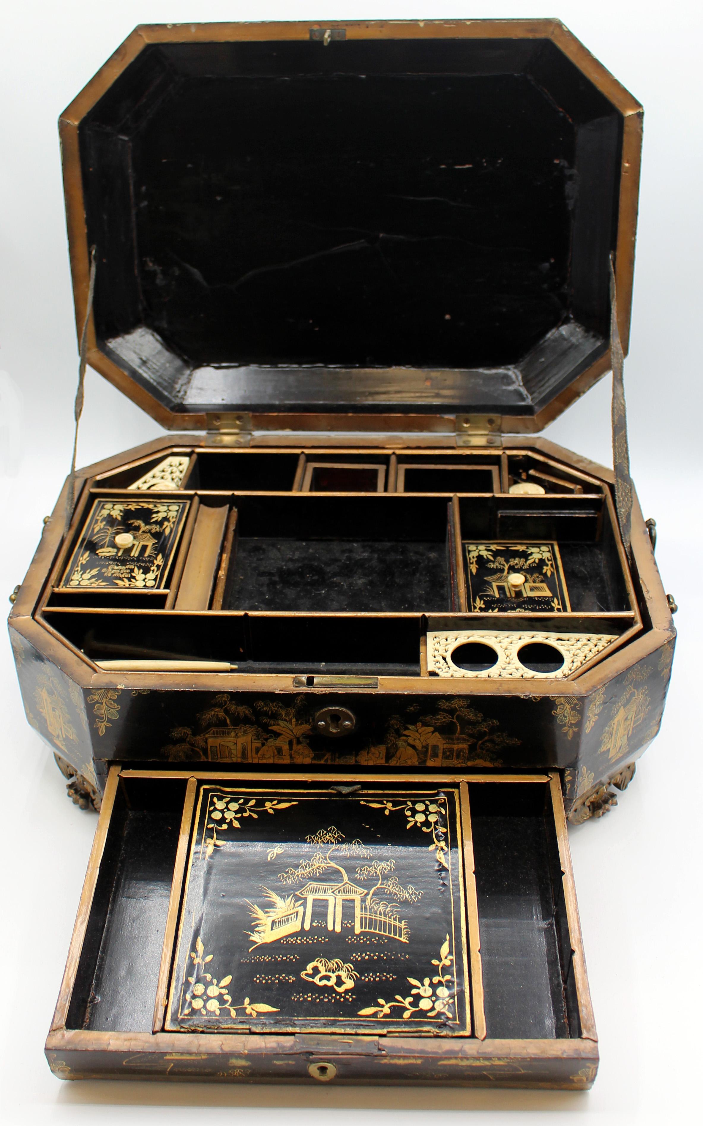 c. 1840-60 Gilt & Lacquer Decorated Chinese Export Sewing Box For Sale 1