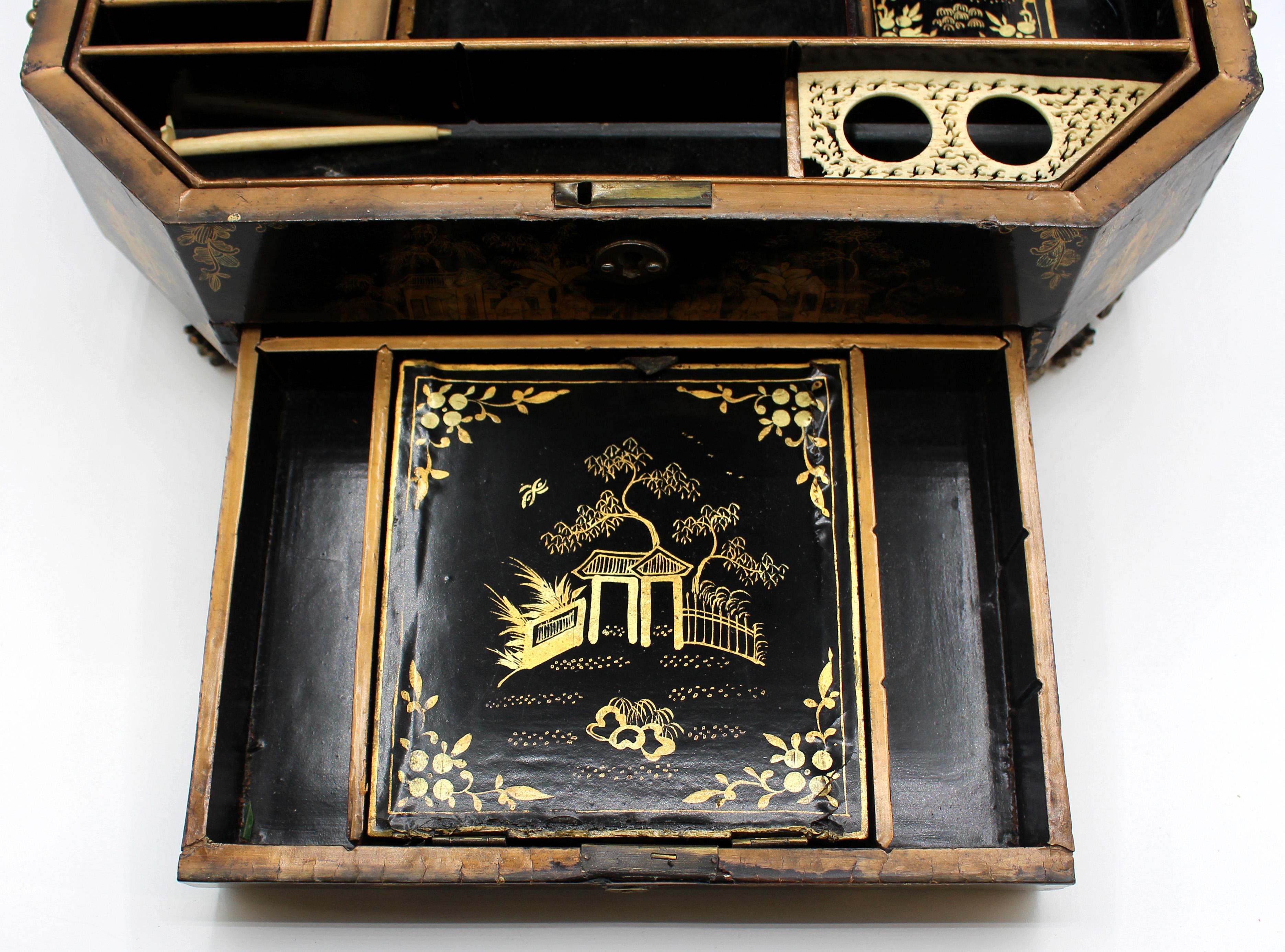c. 1840-60 Gilt & Lacquer Decorated Chinese Export Sewing Box For Sale 2