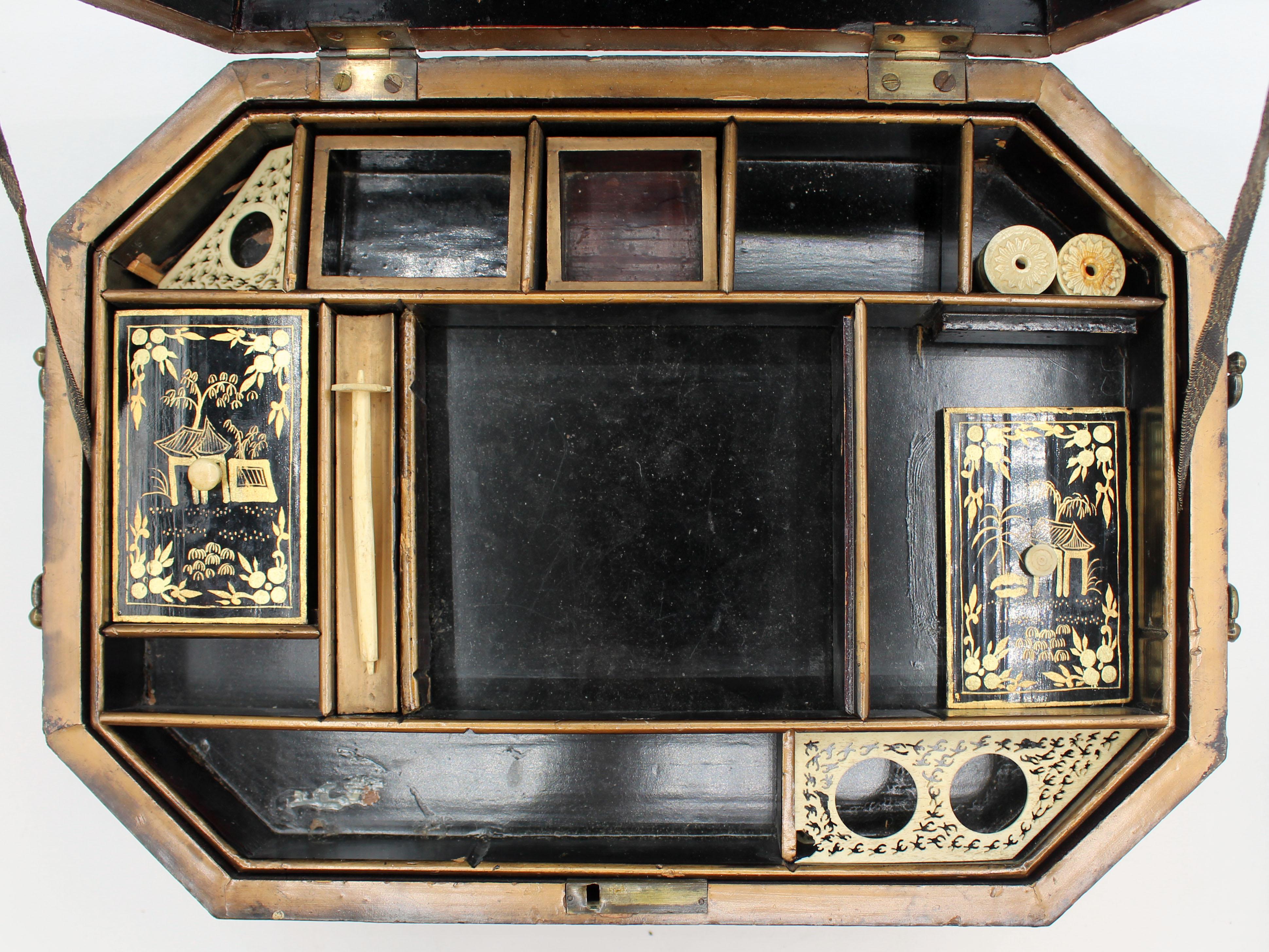 c. 1840-60 Gilt & Lacquer Decorated Chinese Export Sewing Box For Sale 3