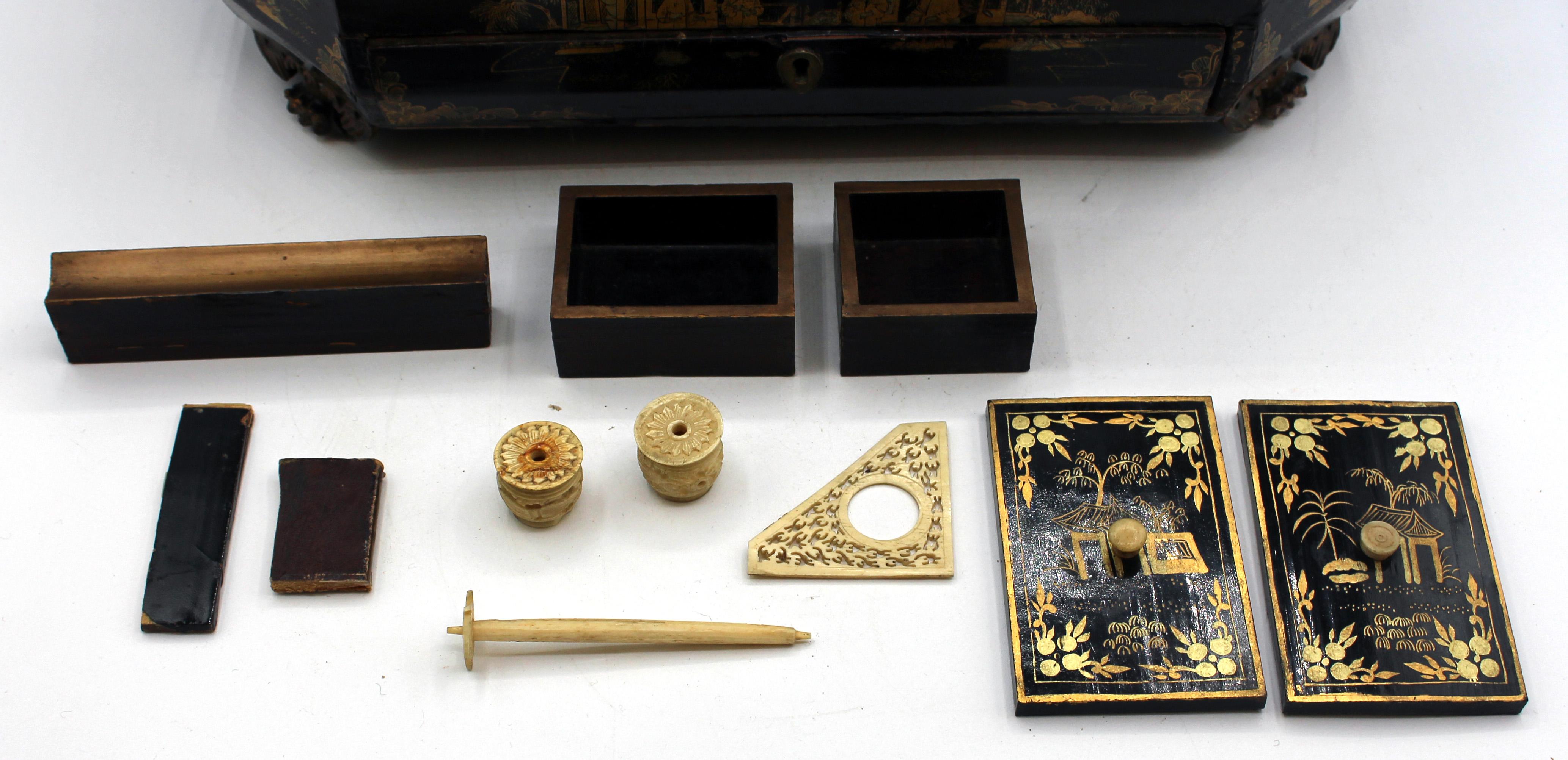 c. 1840-60 Gilt & Lacquer Decorated Chinese Export Sewing Box For Sale 4