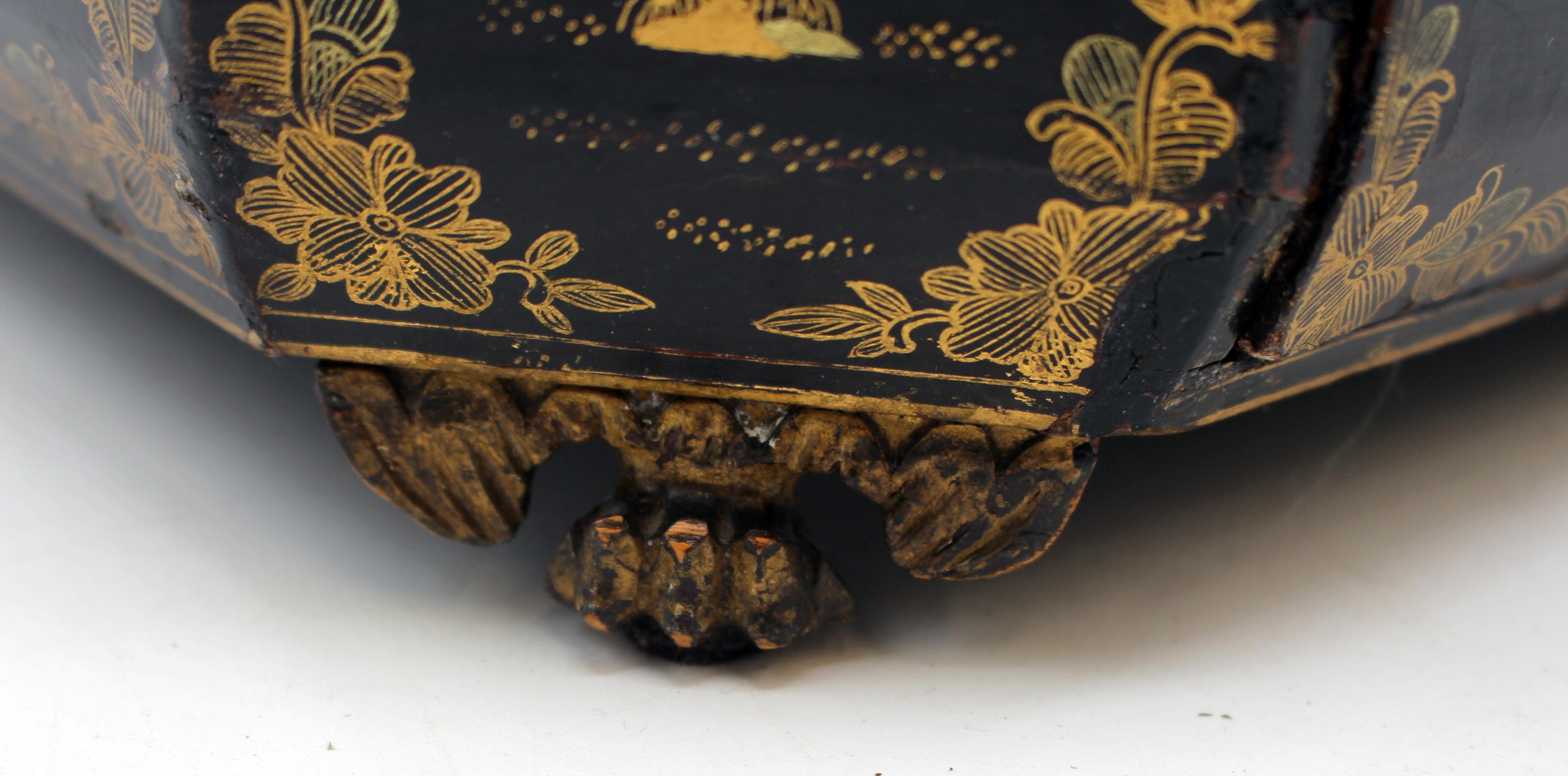 c. 1840-60 Gilt & Lacquer Decorated Chinese Export Sewing Box For Sale 5