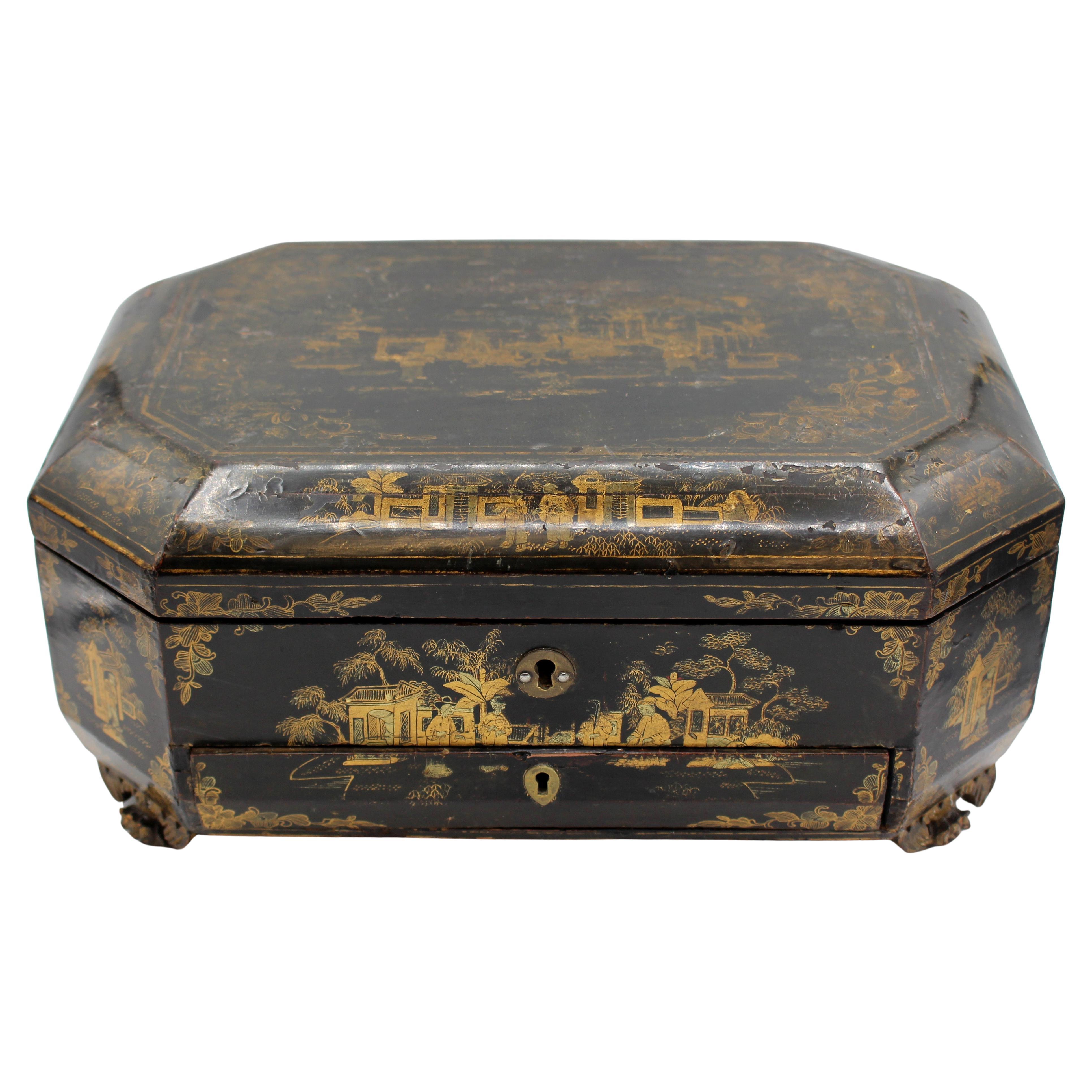 c. 1840-60 Gilt & Lacquer Decorated Chinese Export Sewing Box