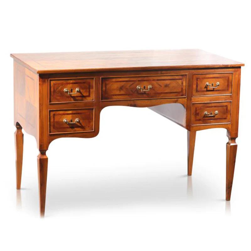 Found in the Veneto region, Italy, we purchased this mid 19th C. Empire style desk for its impeccable quality and style. Made predominantly from walnut and featuring Empiric style inlay and columned legs, this piece is perfect for ones sophisticated