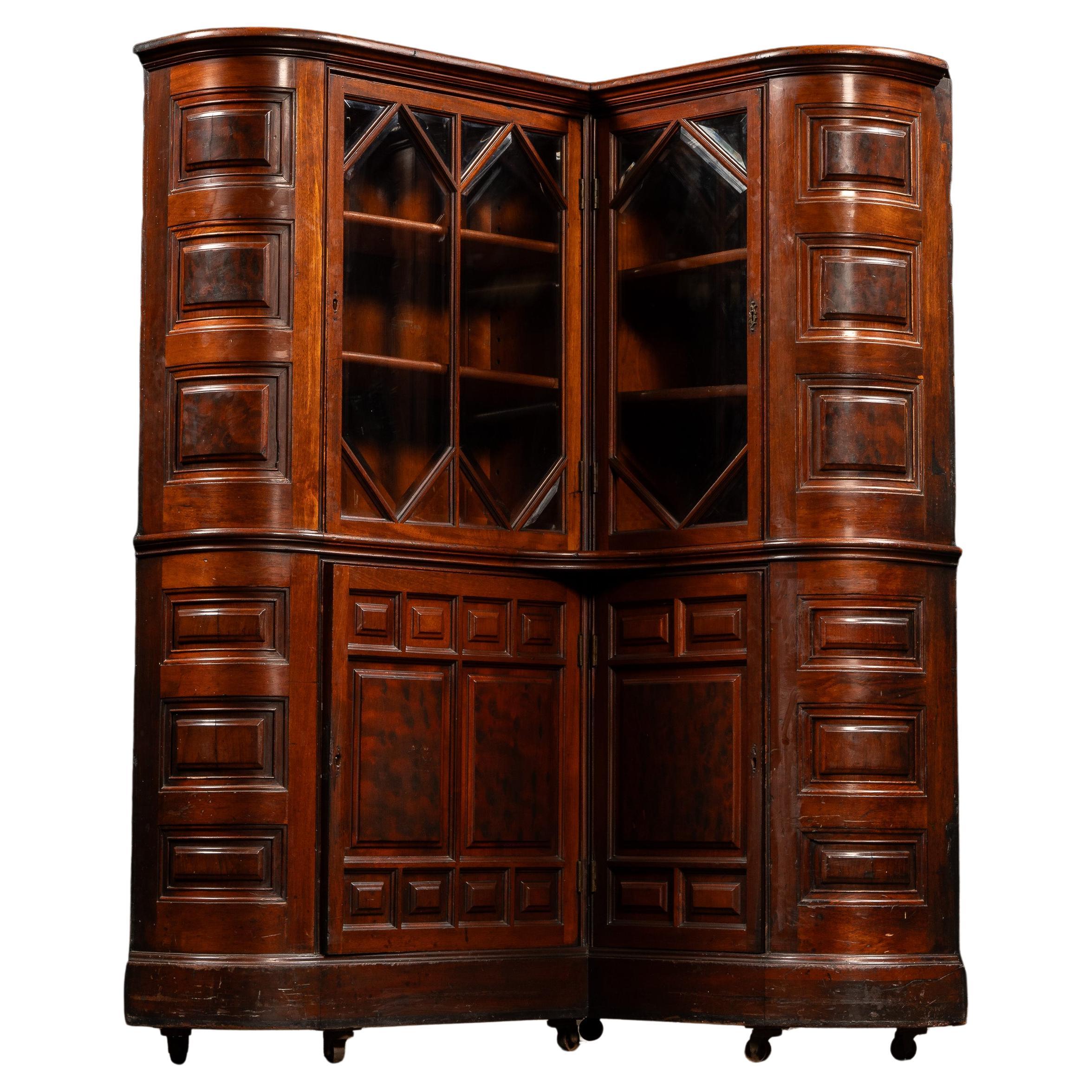 c. 1850 English Mahogany Renaissance Revival Corner Library Cabinet For Sale