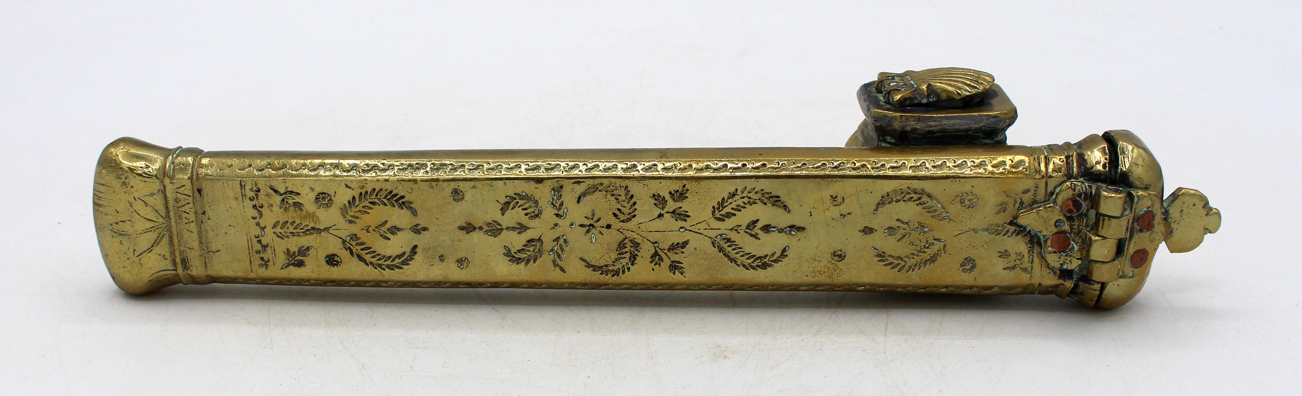 Turkish c. 1850 Middle Eastern Islamic Brass Inkwell & Pen Case For Sale