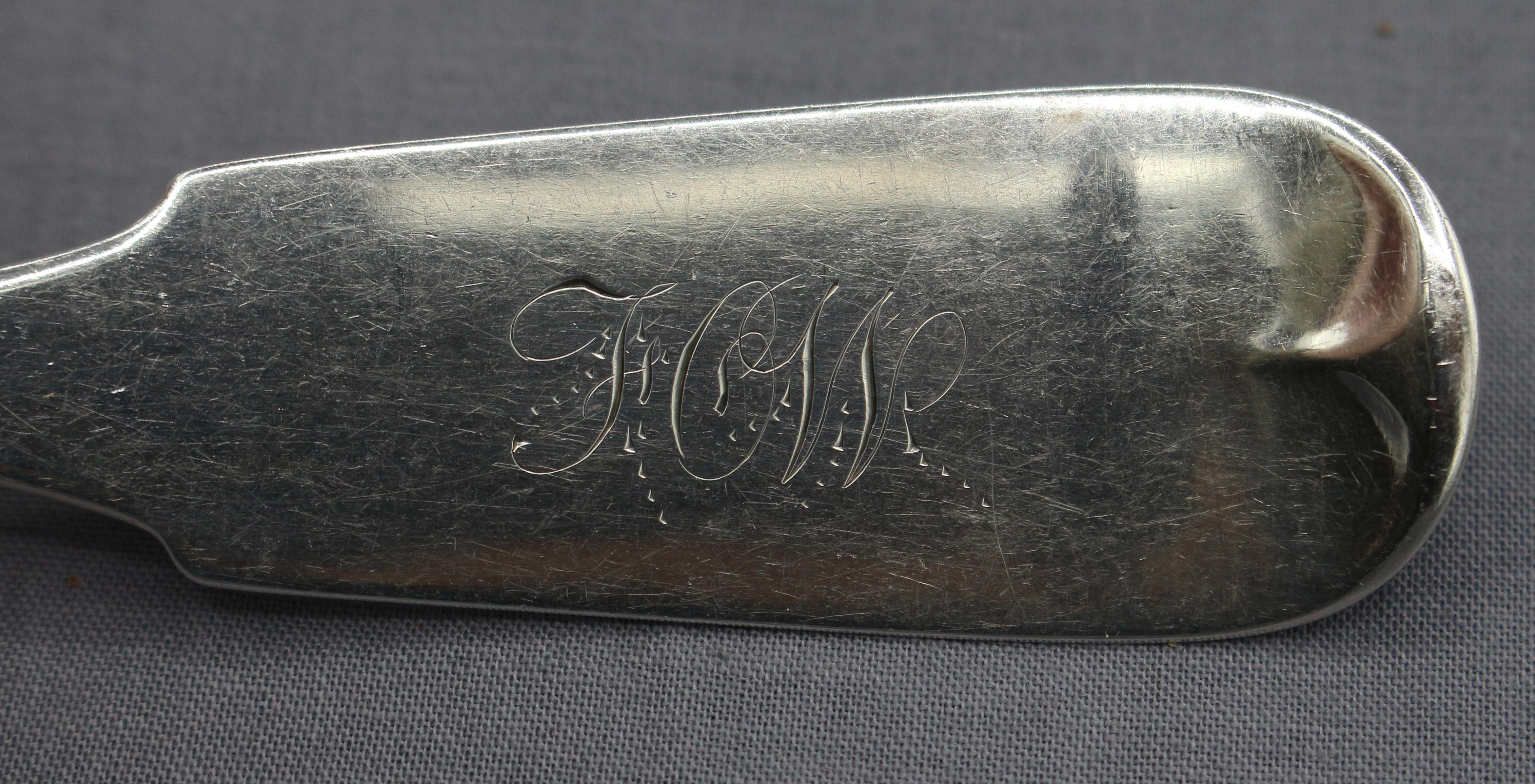 Victorian c. 1850 Pair of Coin Silver Serving Spoons by Butler & McCarty & Co. For Sale
