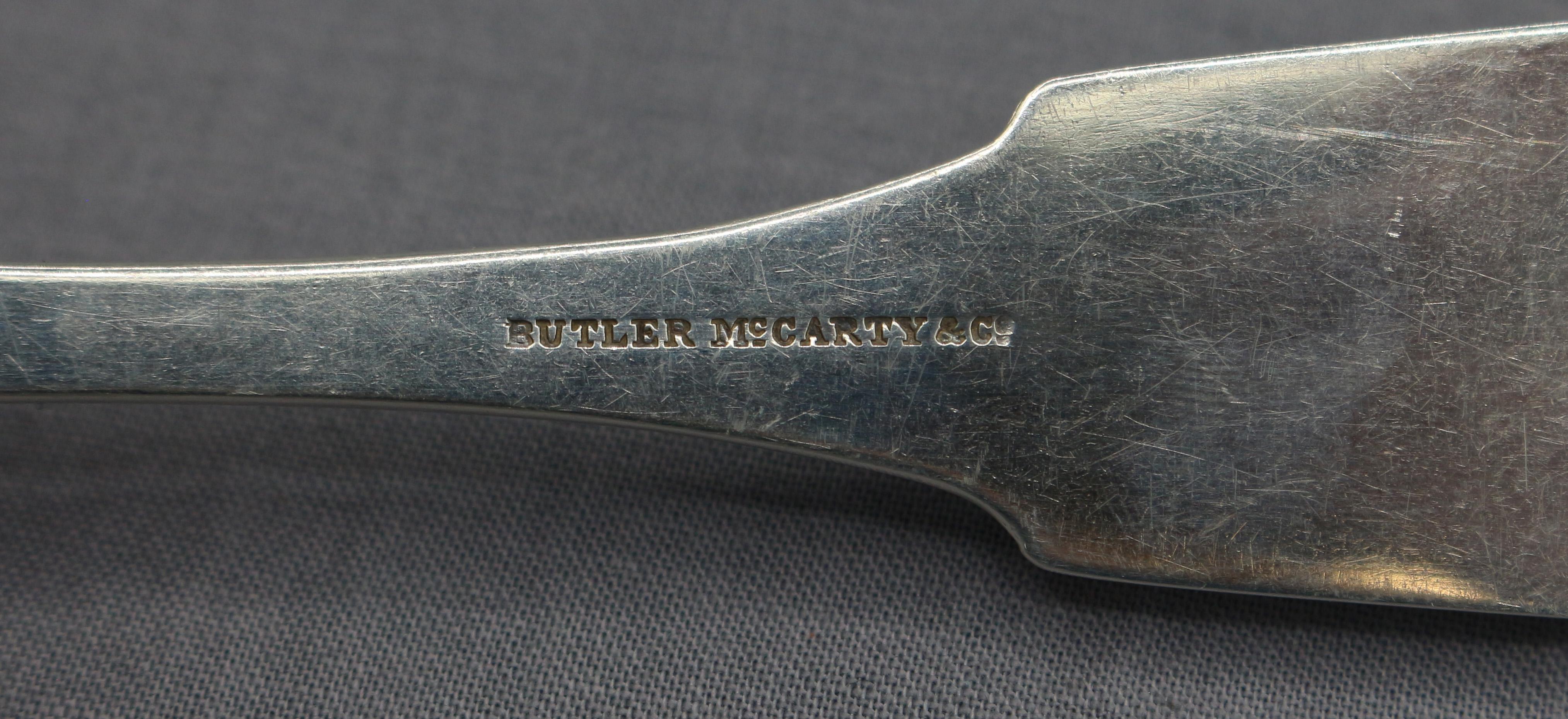 American c. 1850 Pair of Coin Silver Serving Spoons by Butler & McCarty & Co. For Sale