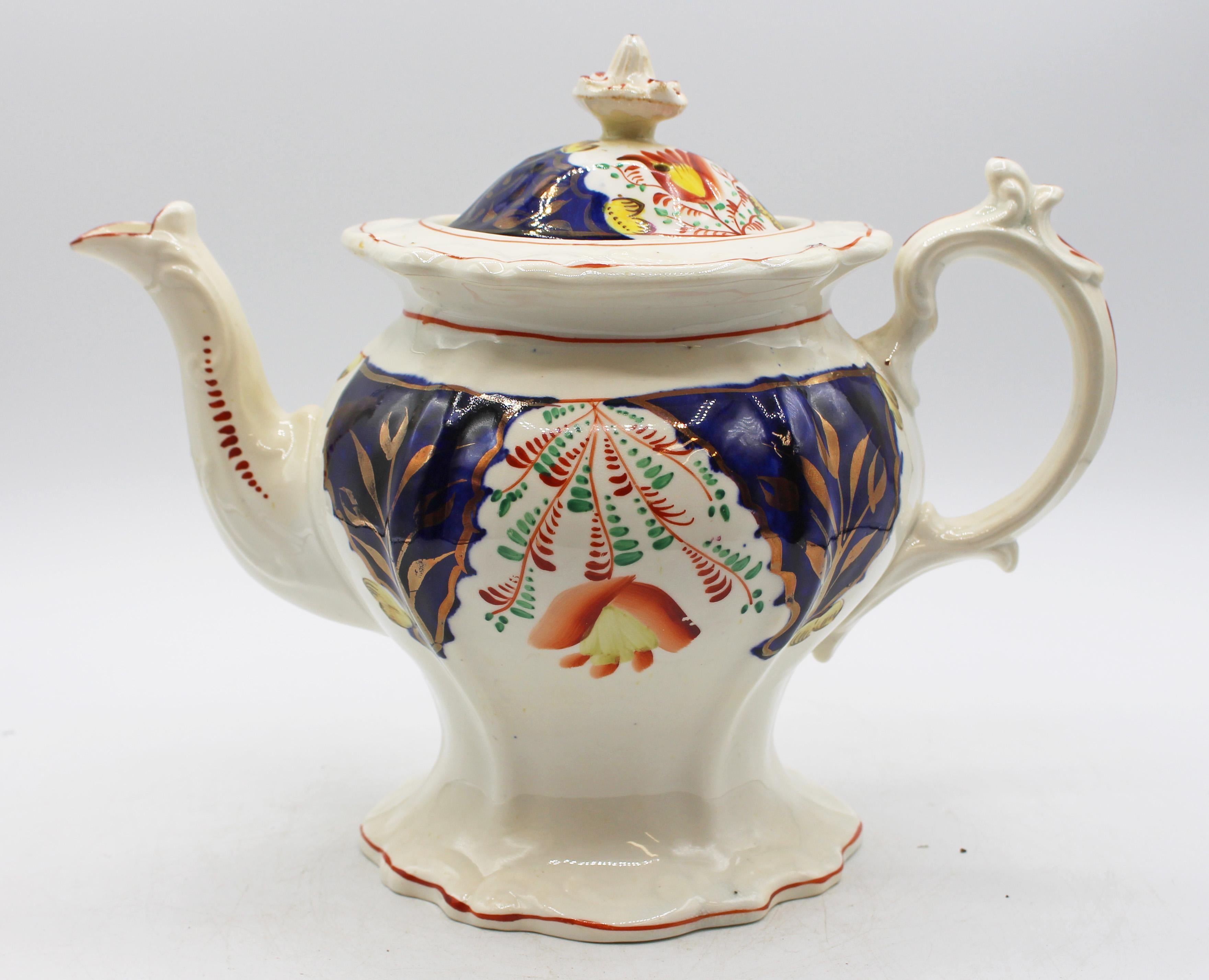 C. 1850s English Staffordshire Gaudy Welsh Swansea Cottage Tulip Pattern Tea Pot (Neurokoko) im Angebot