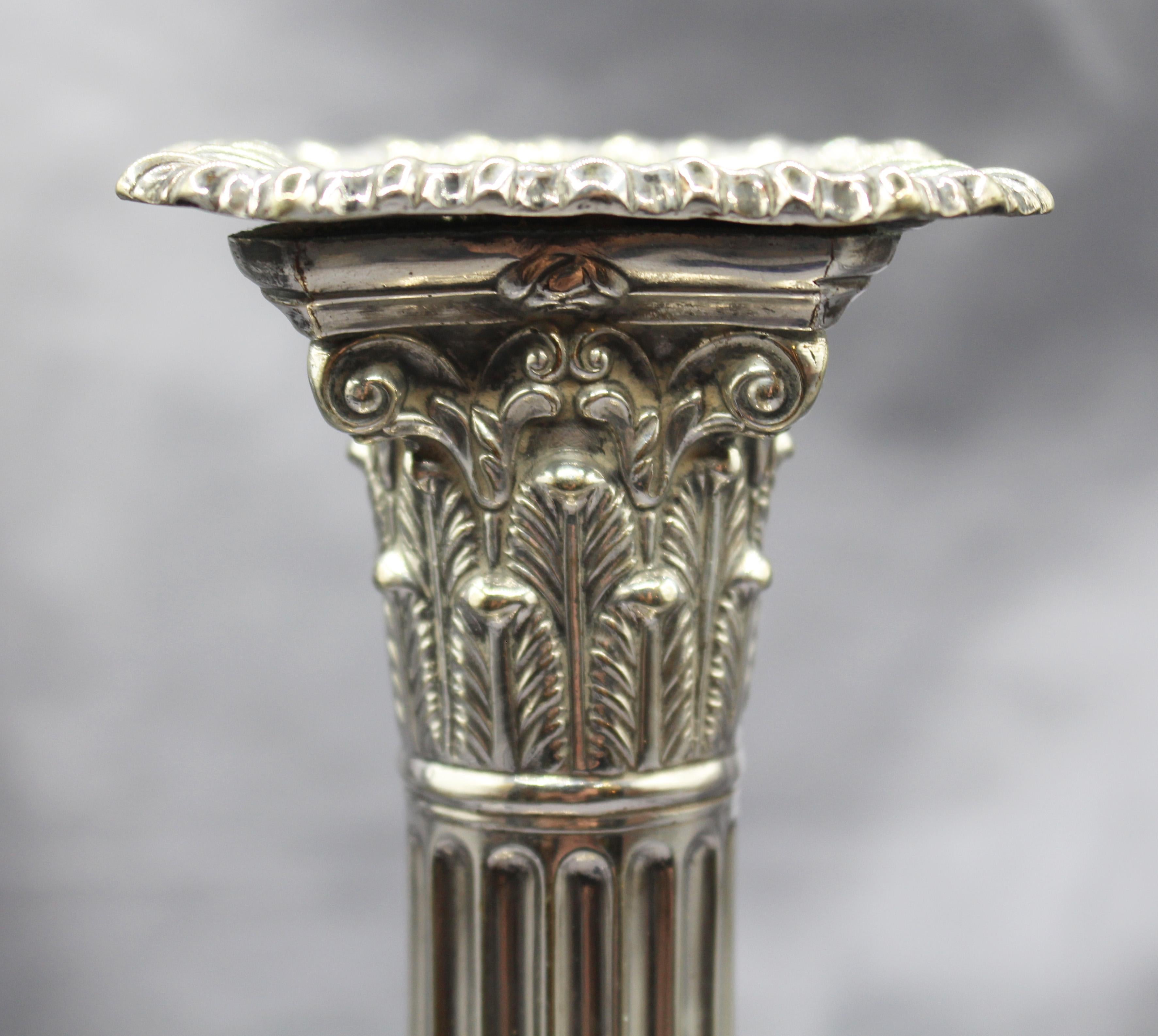 Victorian C. 1853-1867 English Pair of Silver Plate on Copper Armorial Candlesticks For Sale