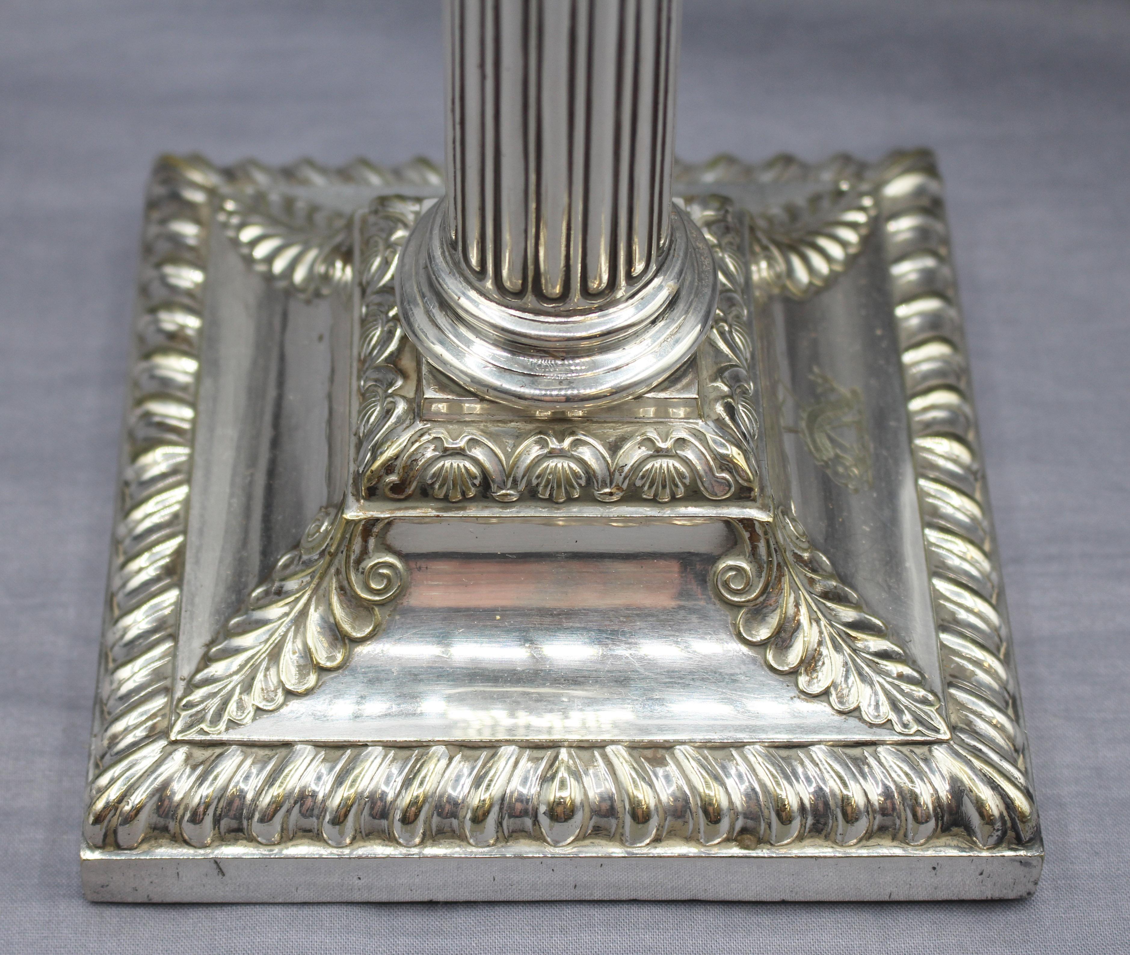 C. 1853-1867 English Pair of Silver Plate on Copper Armorial Candlesticks For Sale 1