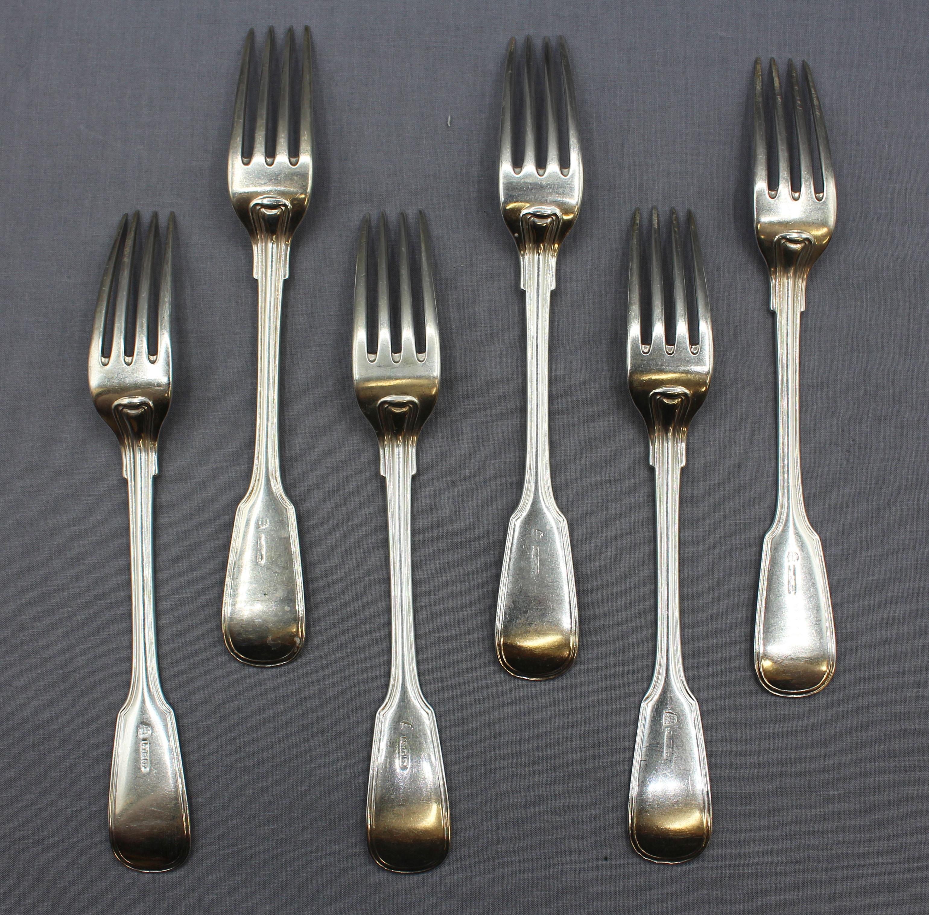 Circa 1855-69 set of 6 dinner forks by L. Victor, Hamburg, Germany. Fiddle thread pattern. Monogram 