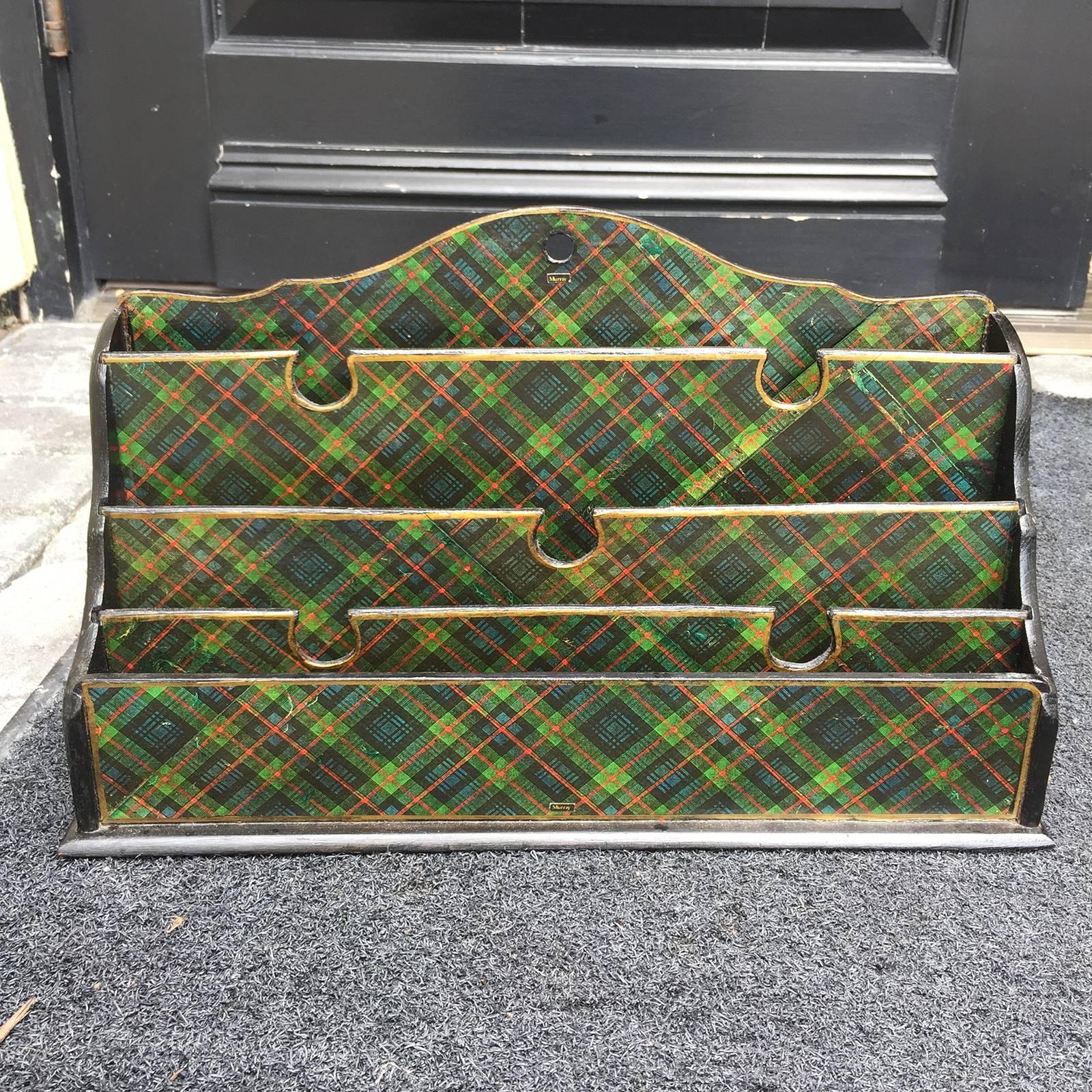 Scottish large green tartan letter holder shelf, circa 1860-1880.