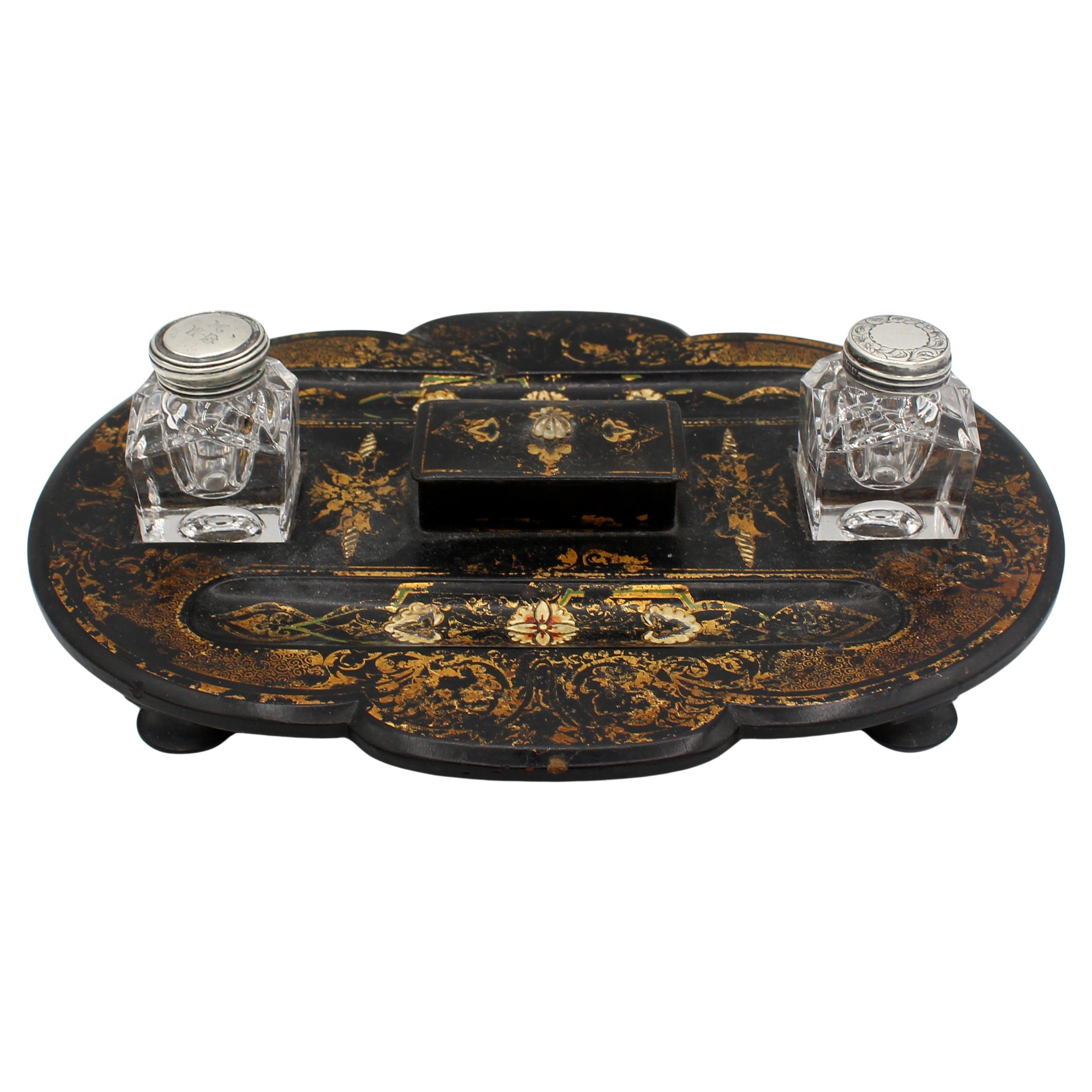 c. 1860 Double Sided English Paper Mache Desk Standish