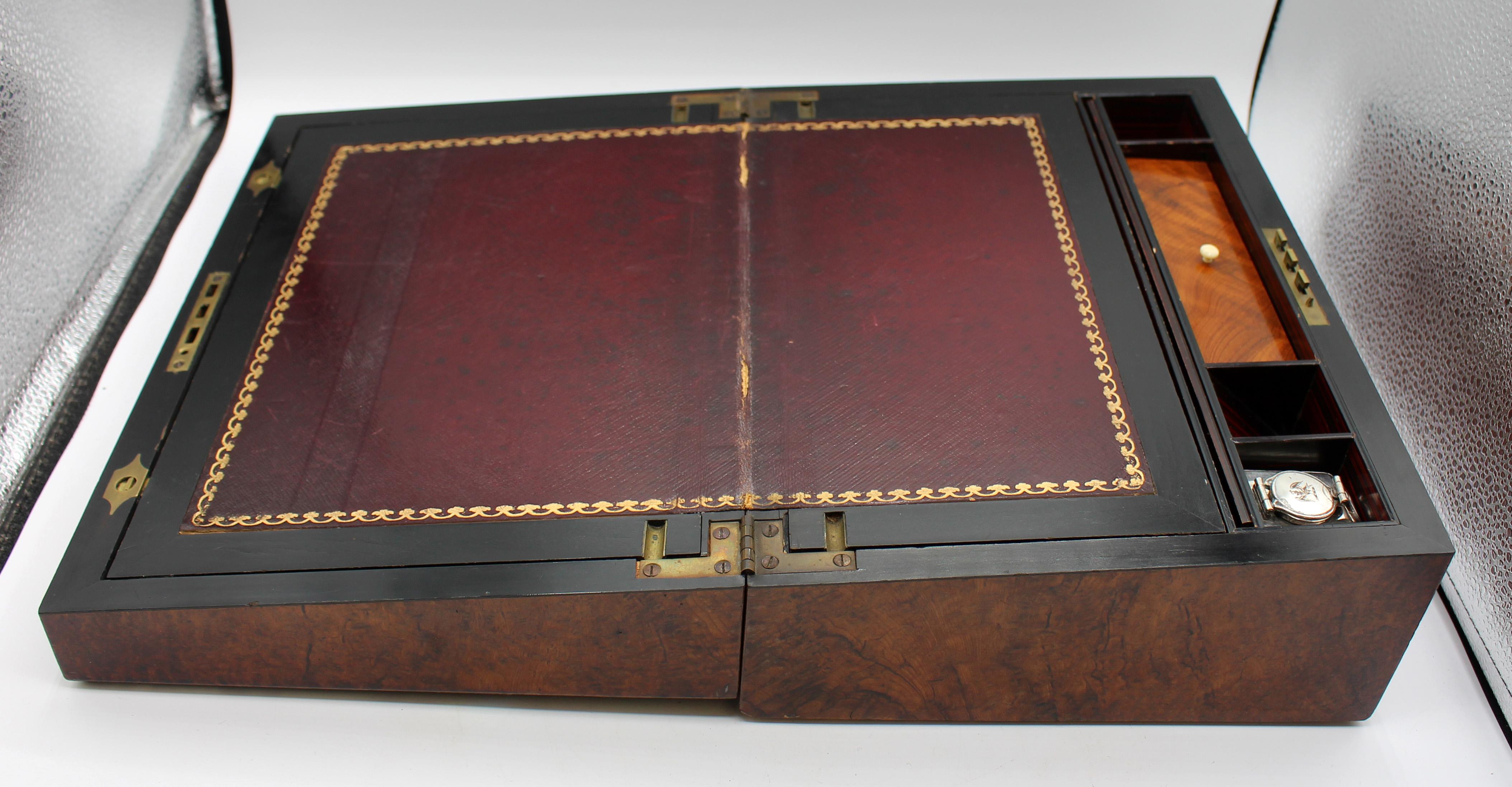 C. 1860 English Inlaid Burl Wood Lap Desk Writing Box en venta 1