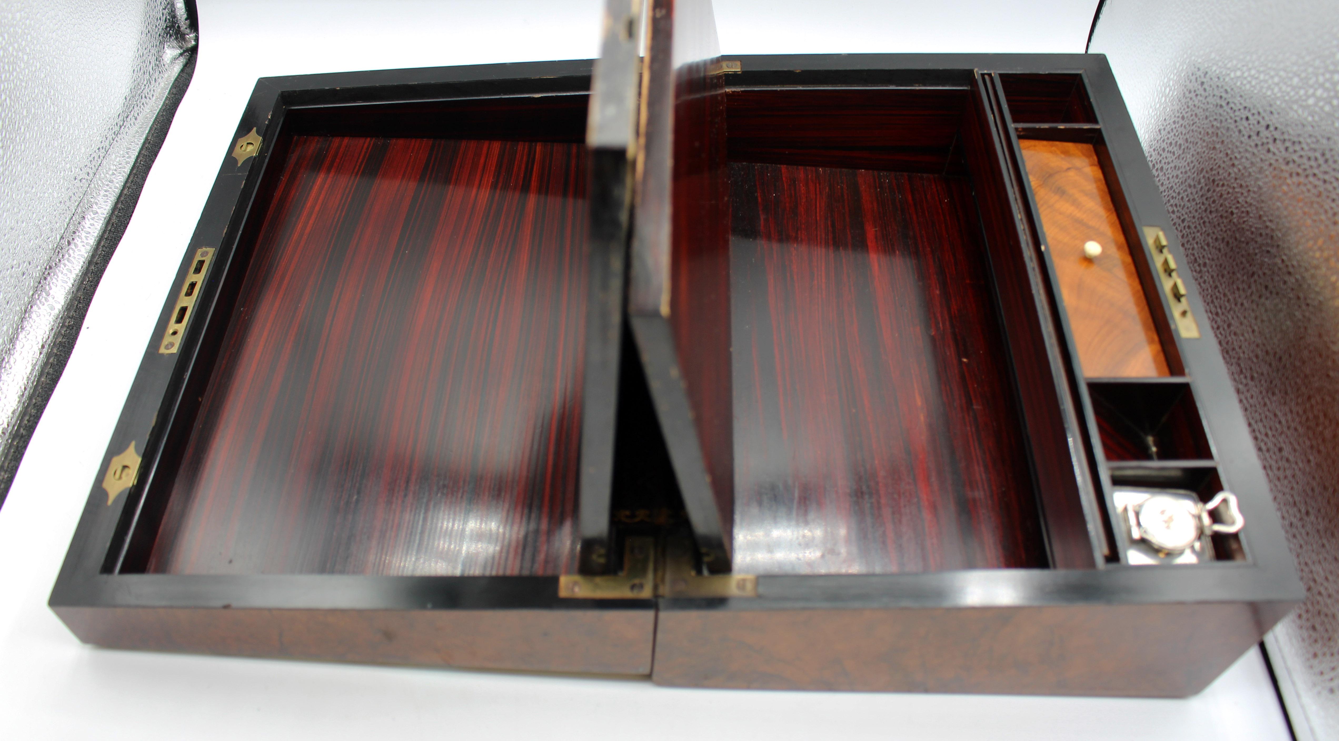 C. 1860 English Inlaid Burl Wood Lap Desk Writing Box en venta 2