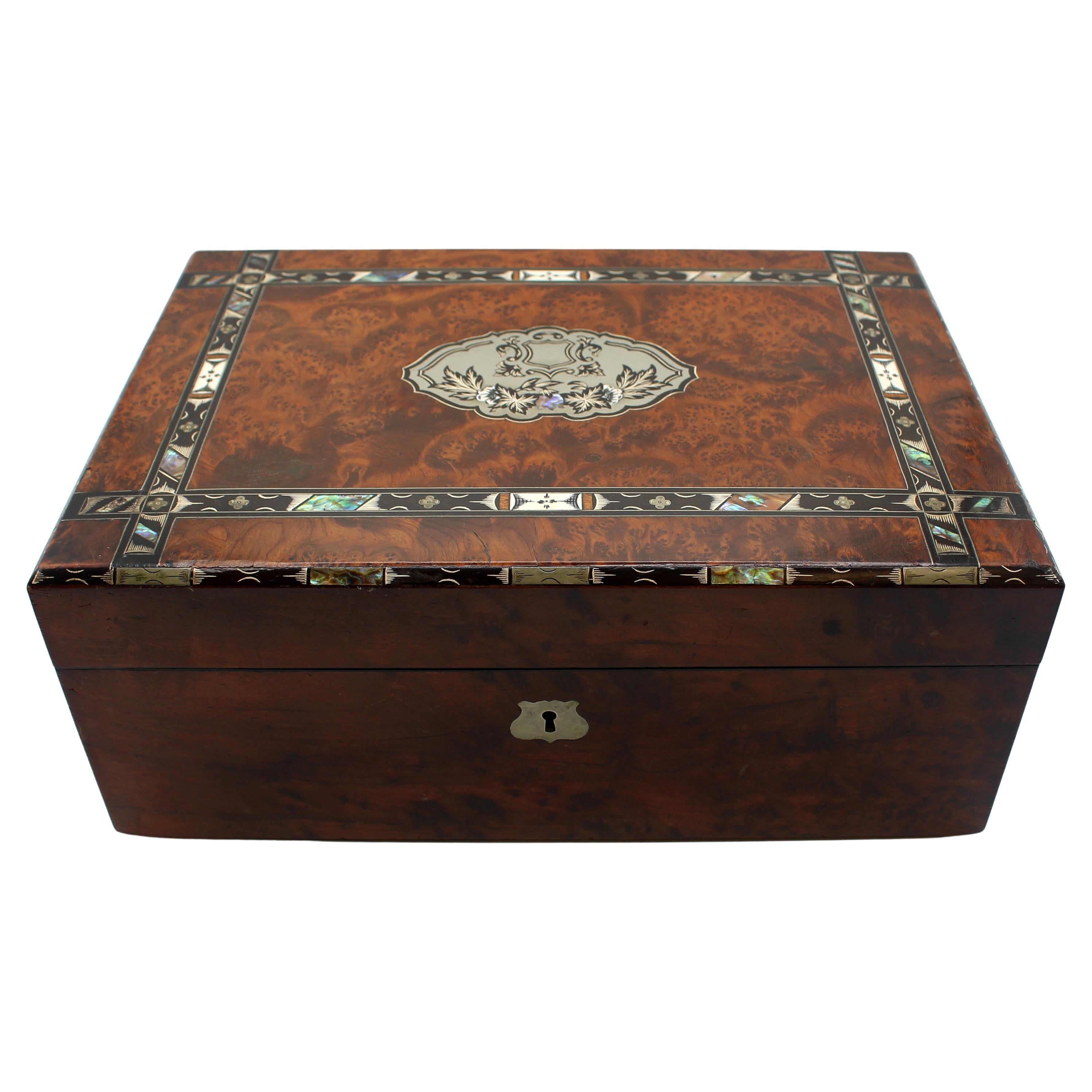 C. 1860 English Inlaid Burl Wood Lap Desk Writing Box