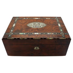 Antique C. 1860 English Inlaid Burl Wood Lap Desk Writing Box