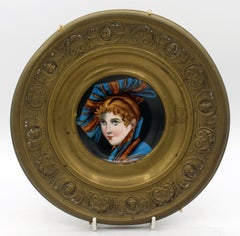 c. 1870-1900 Pair of Porcelain Painted Plaques in Brass Holders, Continental