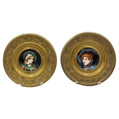 c. 1870-1900 Pair of Porcelain Painted Plaques in Brass Holders, Continental