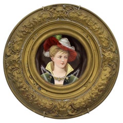 c. 1870-1900 Plaque en porcelaine peinte dans un support en laiton, continentale