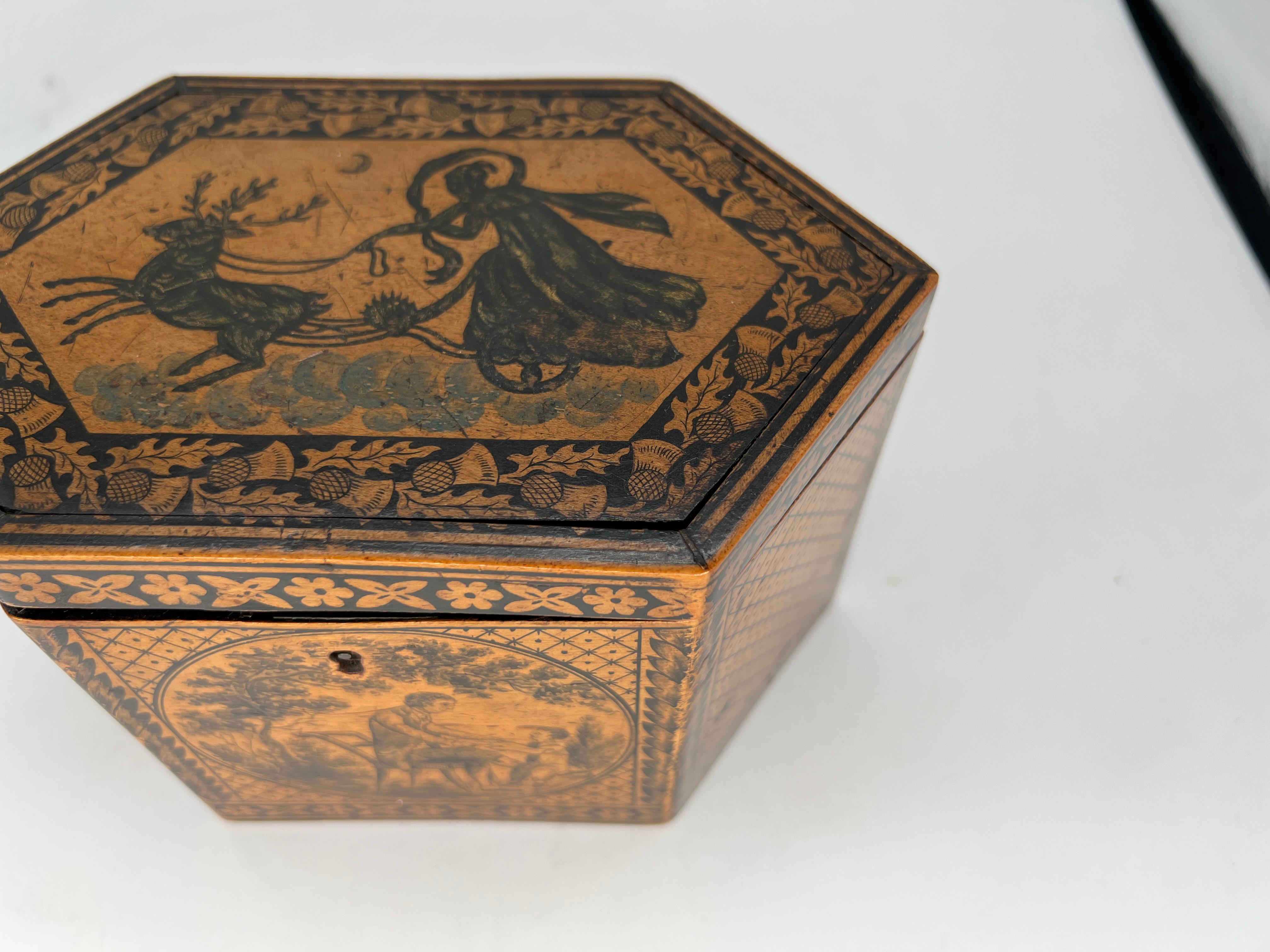 Boîte à thé Regency anglaise ancienne Tunbridge Ware & Penwork datant de 1870 en vente 5
