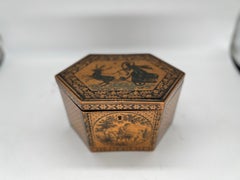 C. 1870 Antigua caja de té inglesa de Tunbridge Ware y caligrafía de la Regencia