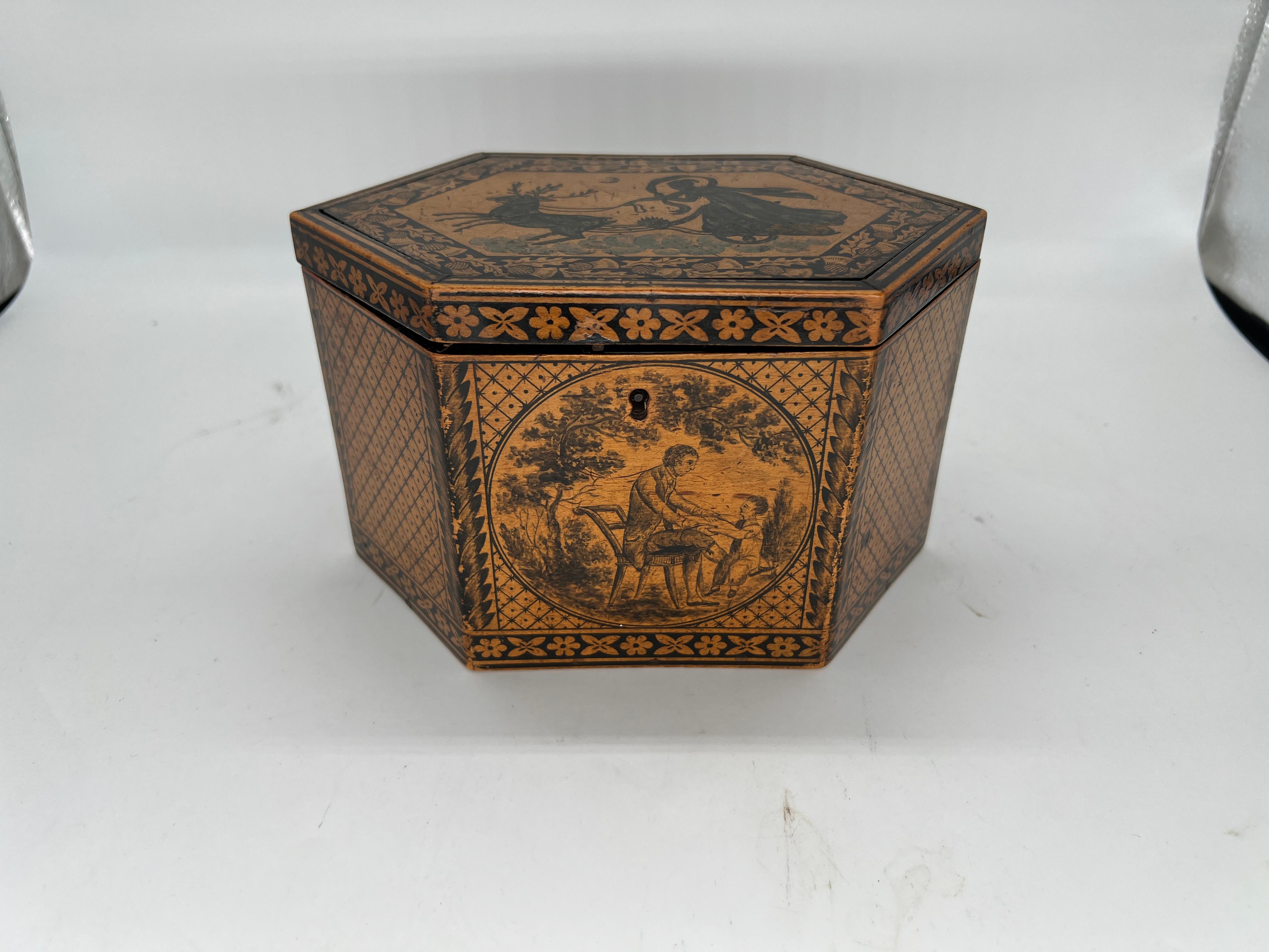 Anglais Boîte à thé Regency anglaise ancienne Tunbridge Ware & Penwork datant de 1870 en vente