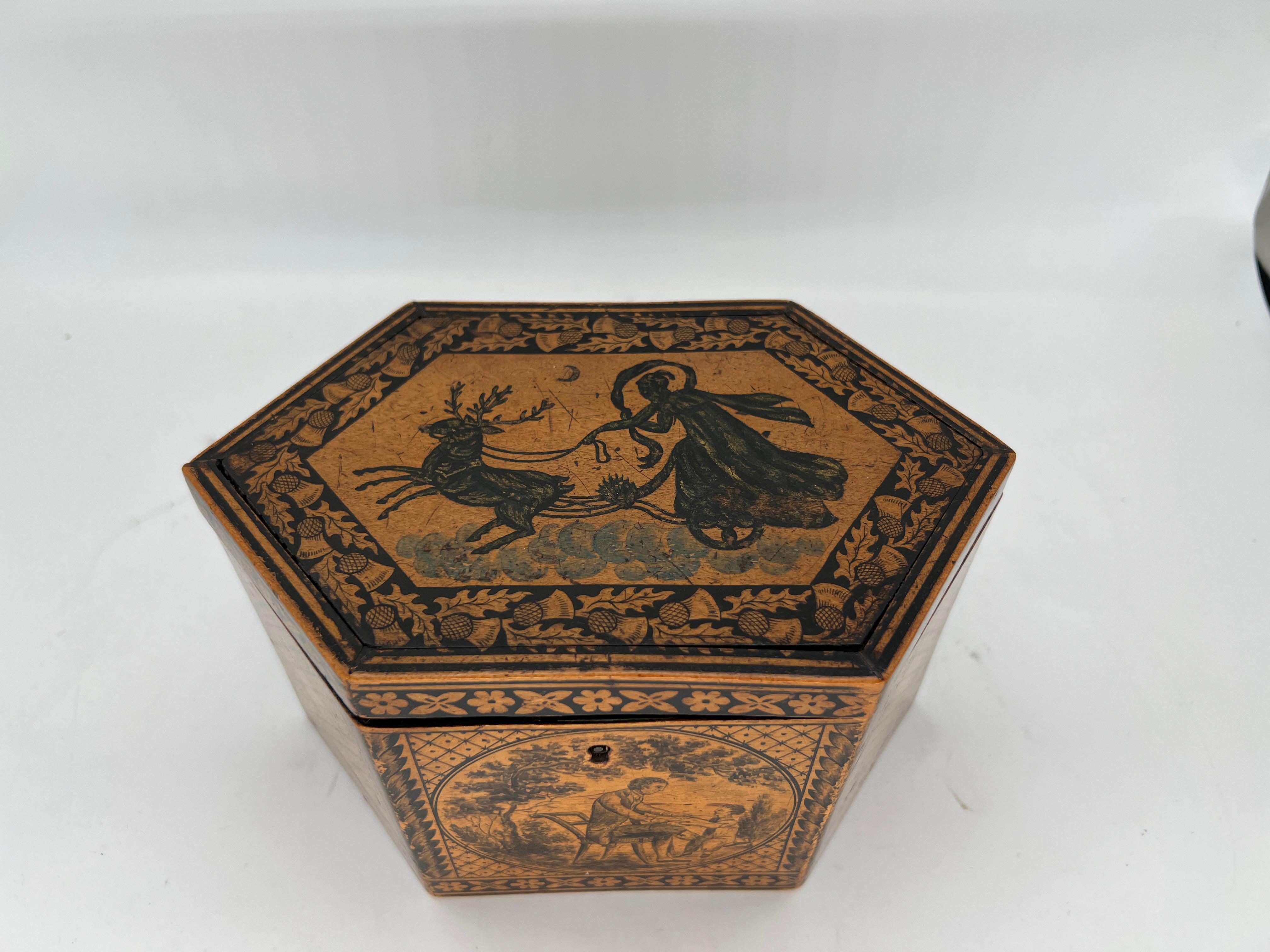 Boîte à thé Regency anglaise ancienne Tunbridge Ware & Penwork datant de 1870 Bon état - En vente à Atlanta, GA