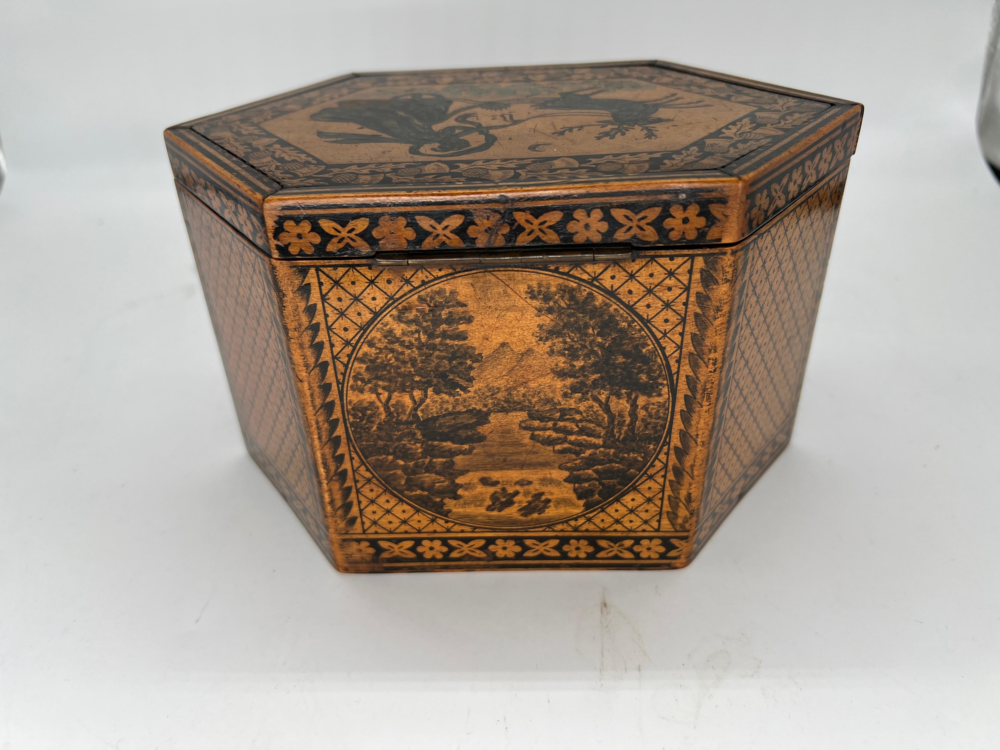 Boîte à thé Regency anglaise ancienne Tunbridge Ware & Penwork datant de 1870 en vente 1