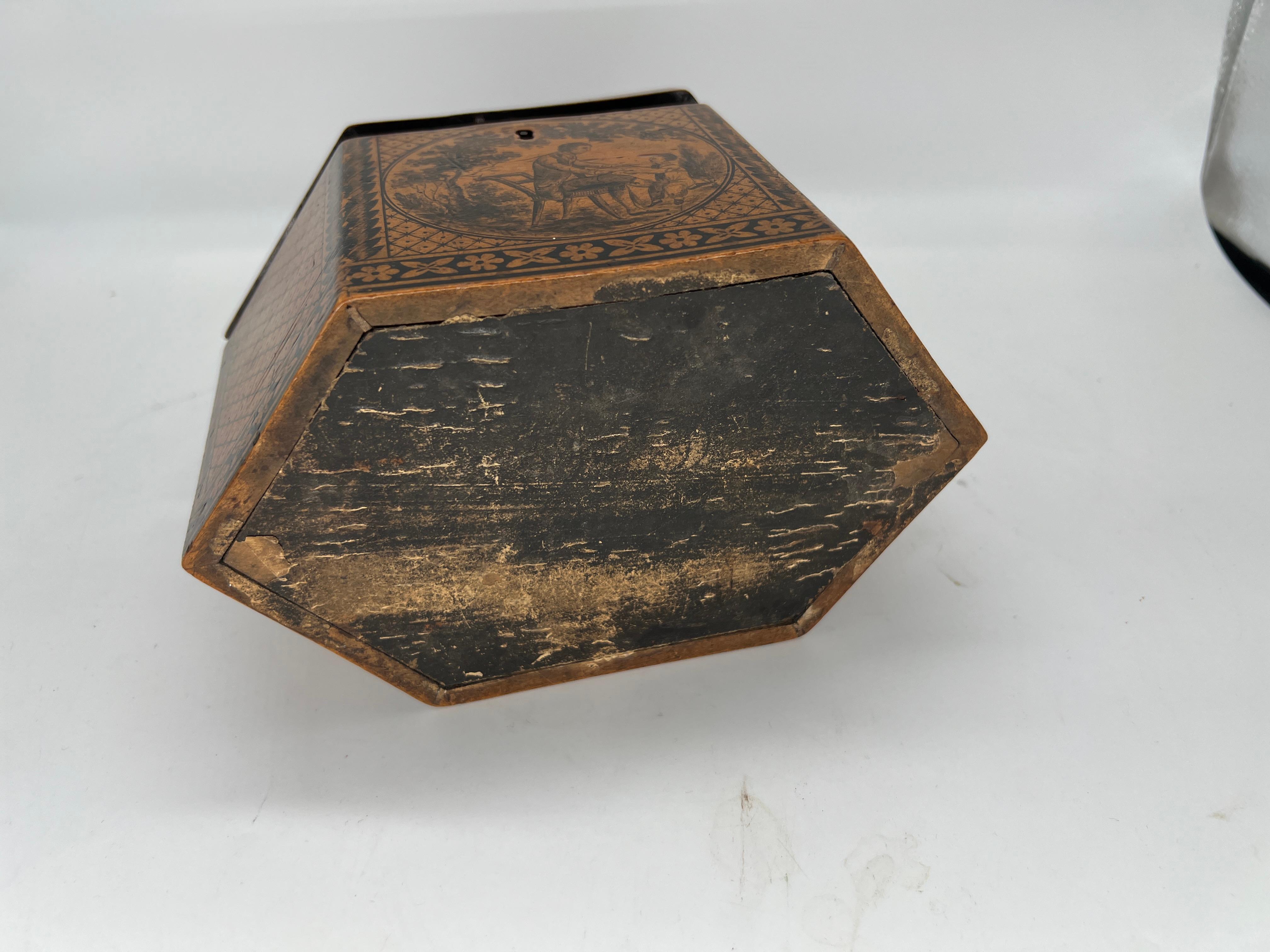 Boîte à thé Regency anglaise ancienne Tunbridge Ware & Penwork datant de 1870 en vente 2