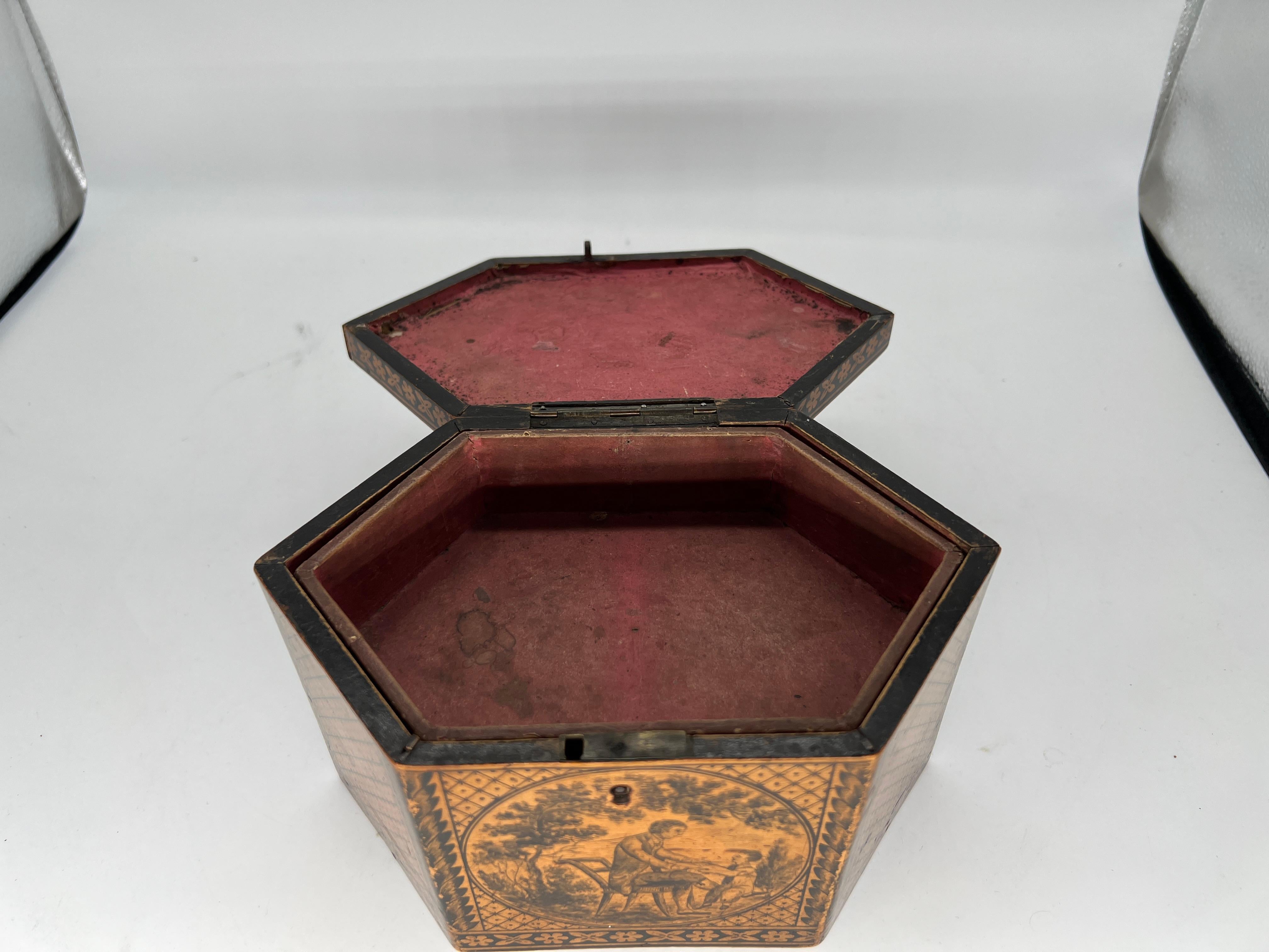 Boîte à thé Regency anglaise ancienne Tunbridge Ware & Penwork datant de 1870 en vente 3
