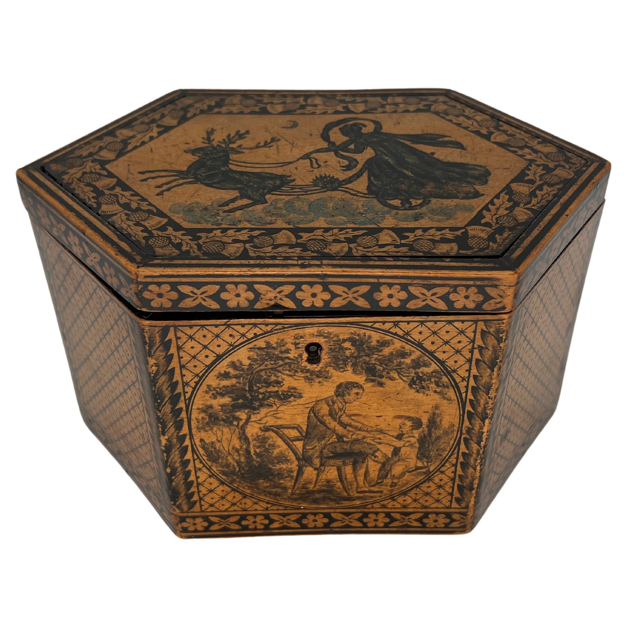 C. 1870 Antigua caja de té inglesa de Tunbridge Ware y caligrafía de la Regencia