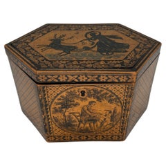 C. 1870 Antigua caja de té inglesa de Tunbridge Ware y caligrafía de la Regencia
