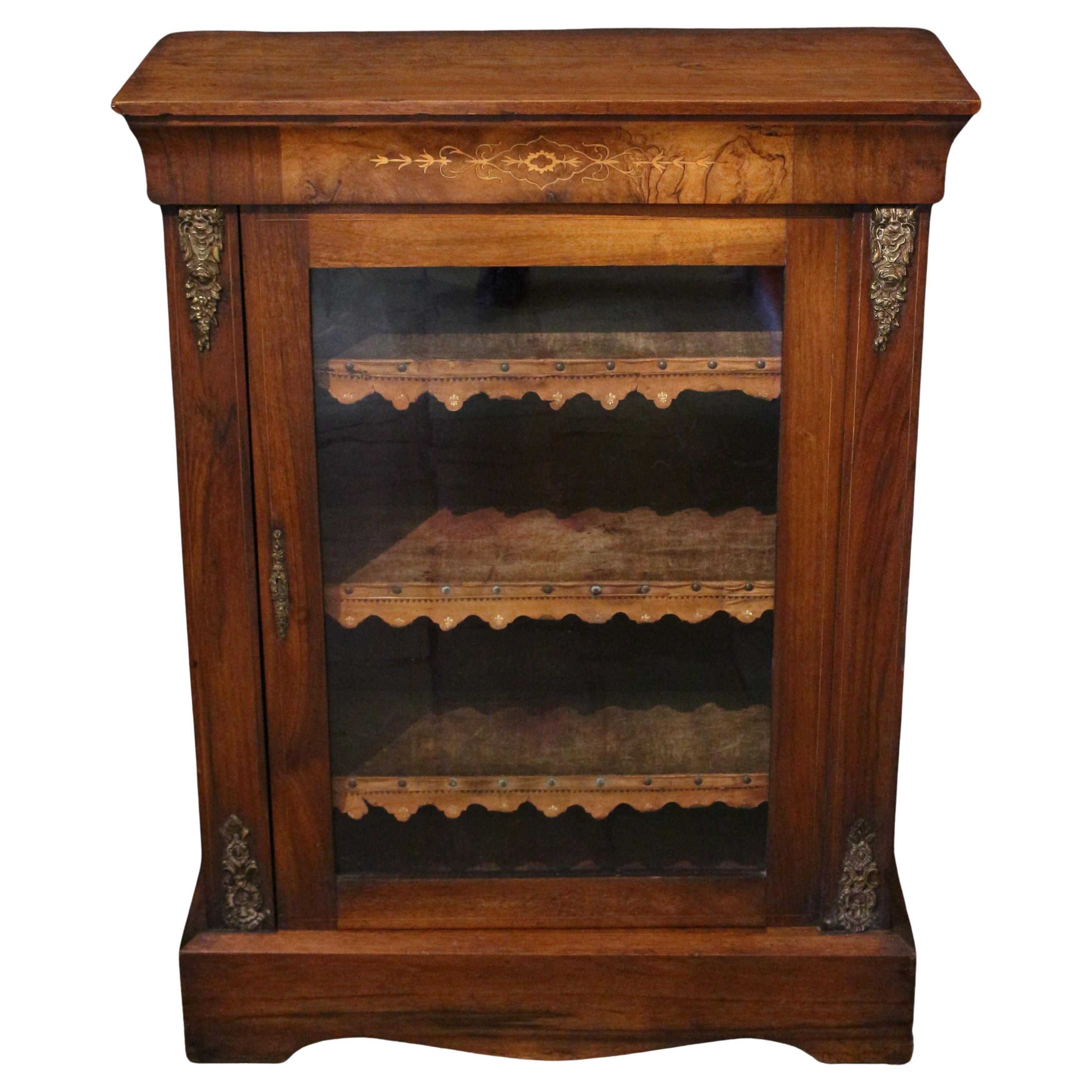 C. 1870 English Walnut Victorian Glazed Door Bookcase Cabinet