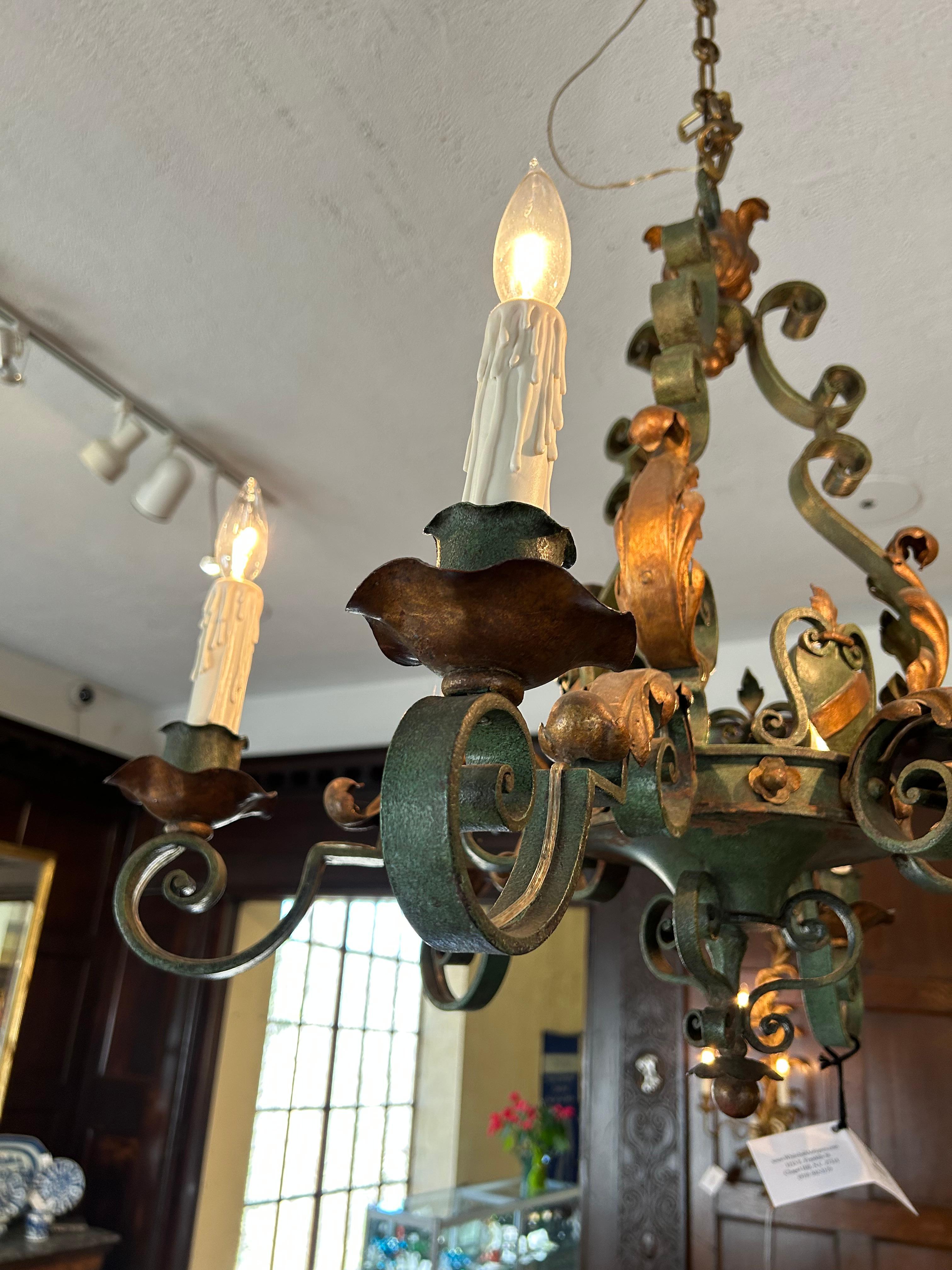 c. 1870 Scrolled Verdigris Iron 6-Light Chandelier In Good Condition For Sale In Chapel Hill, NC