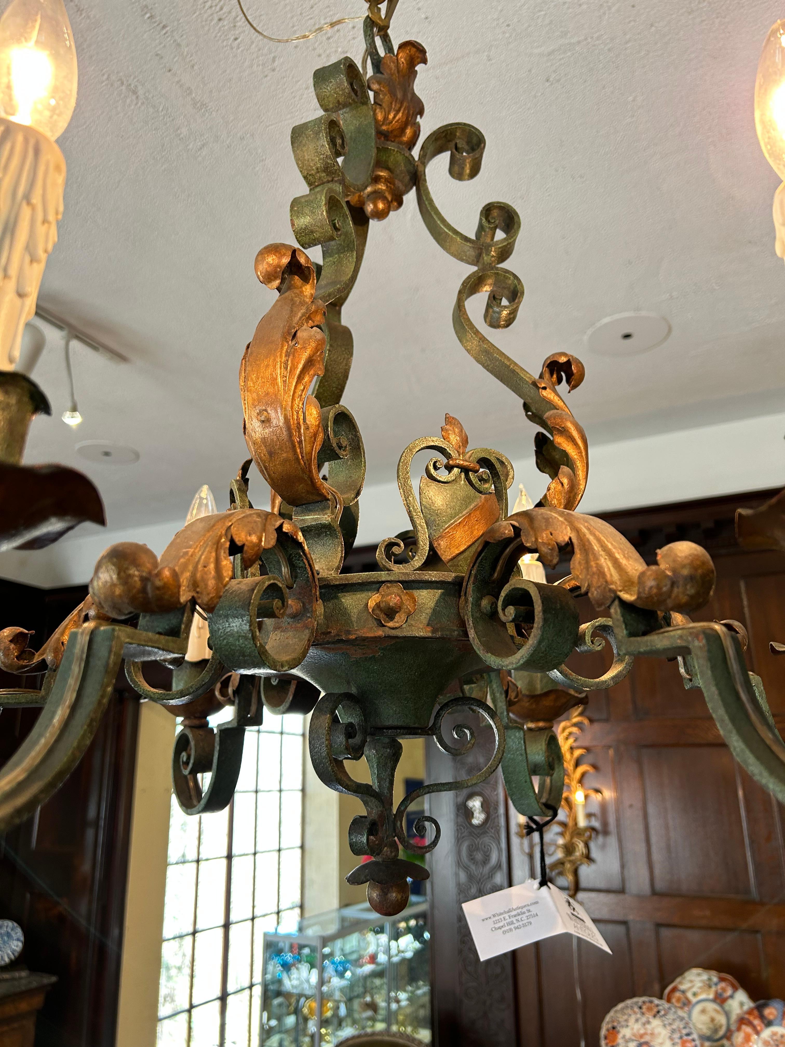 19th Century c. 1870 Scrolled Verdigris Iron 6-Light Chandelier For Sale