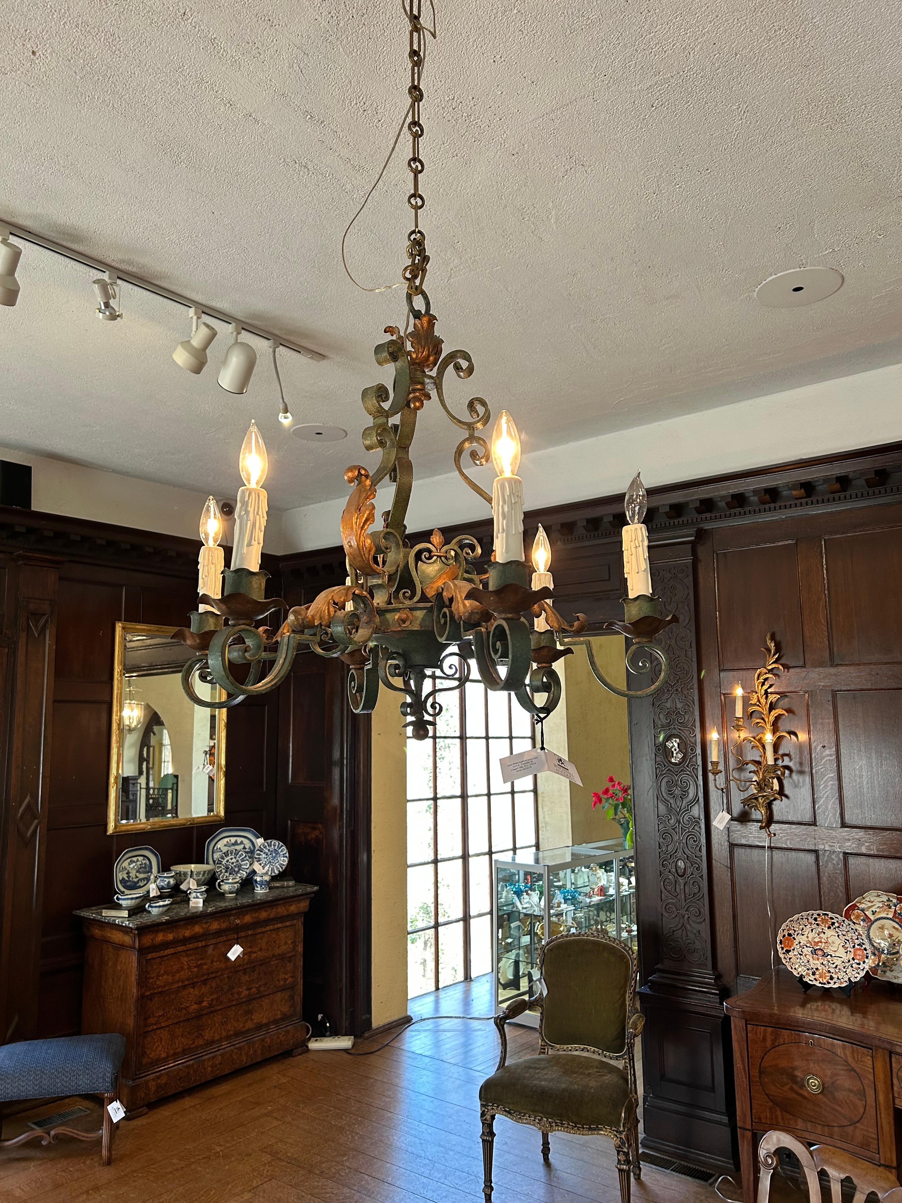 c. 1870 Scrolled Verdigris Iron 6-Light Chandelier For Sale 1