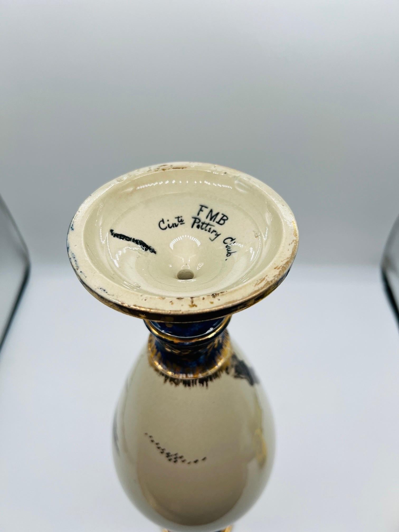 C. 1879, Cincinnati Pottery Club Sparrow Decorated Vase By Mrs. Fannie M Banks For Sale 4