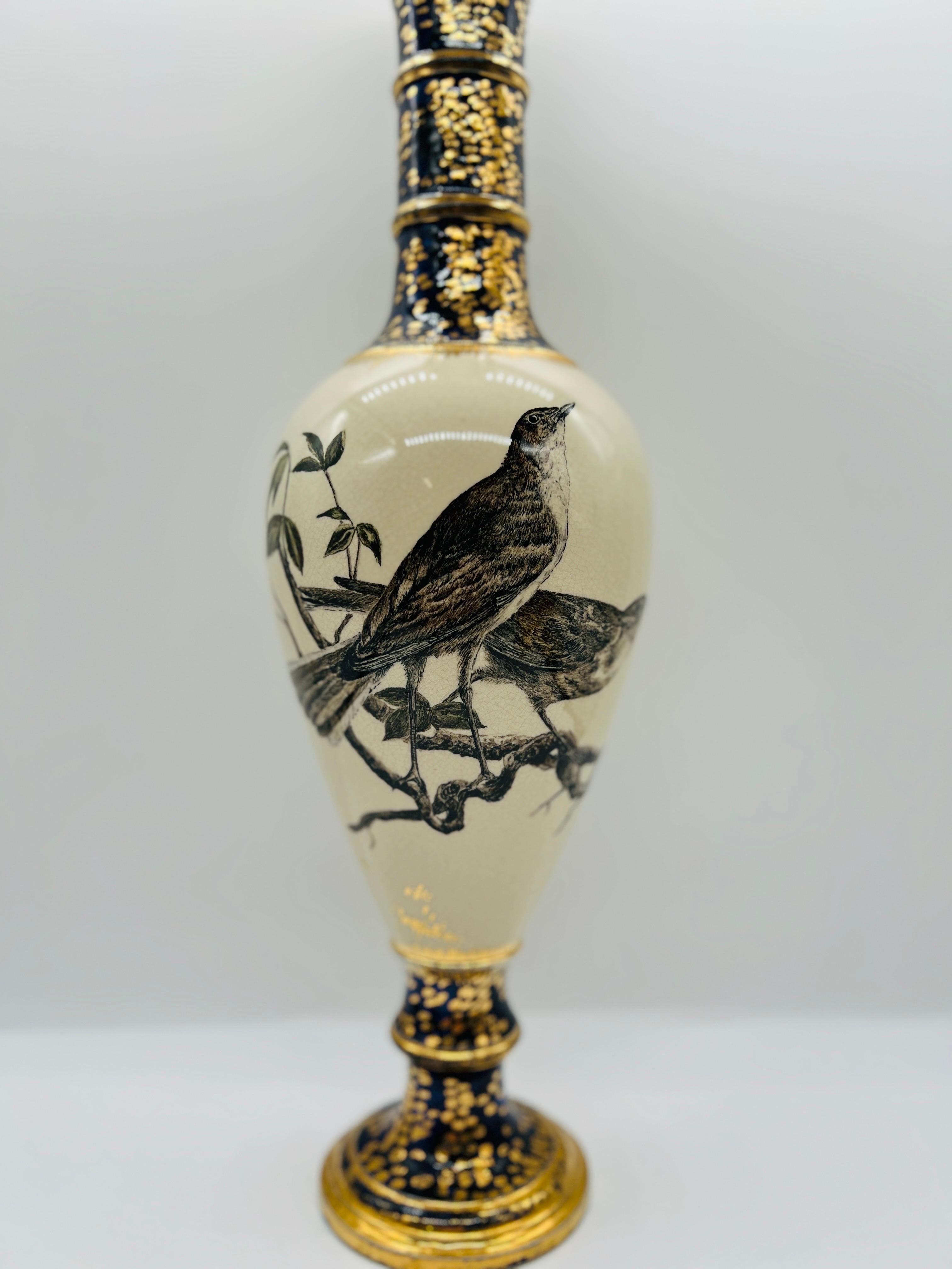 American C. 1879, Cincinnati Pottery Club Sparrow Decorated Vase By Mrs. Fannie M Banks For Sale