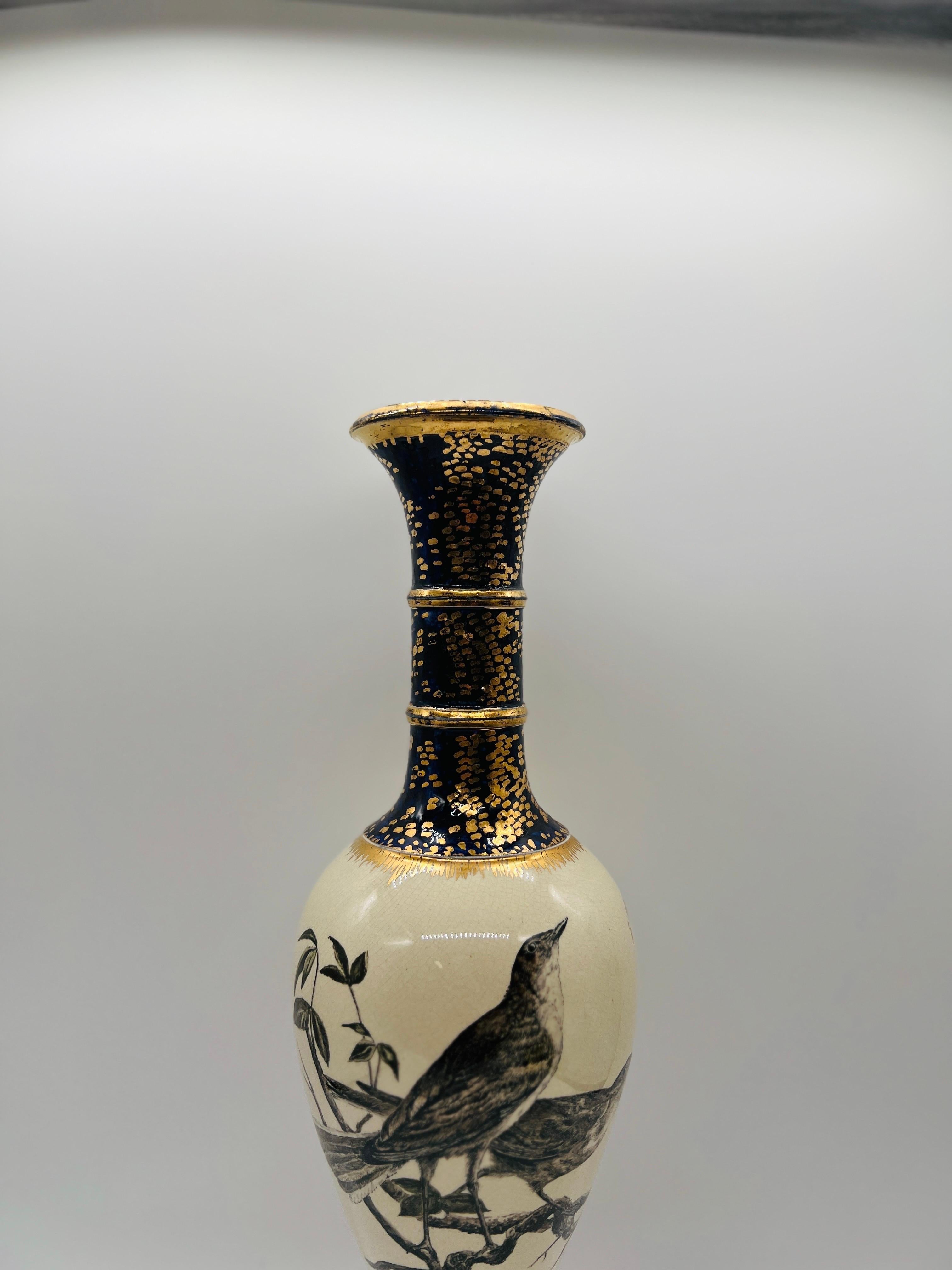 C. 1879, Cincinnati Pottery Club Sparrow Decorated Vase By Mrs. Fannie M Banks In Good Condition For Sale In Atlanta, GA