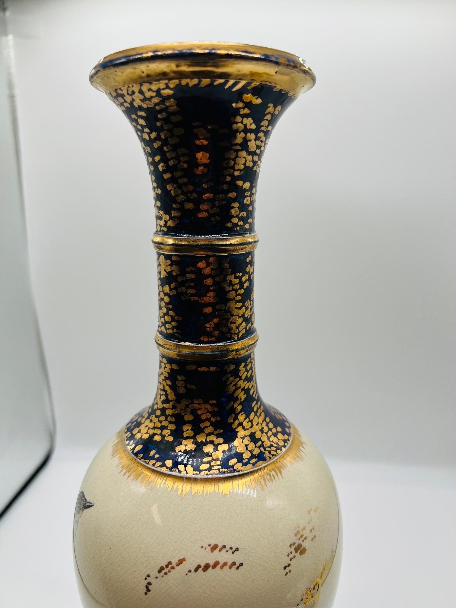 19th Century C. 1879, Cincinnati Pottery Club Sparrow Decorated Vase By Mrs. Fannie M Banks For Sale