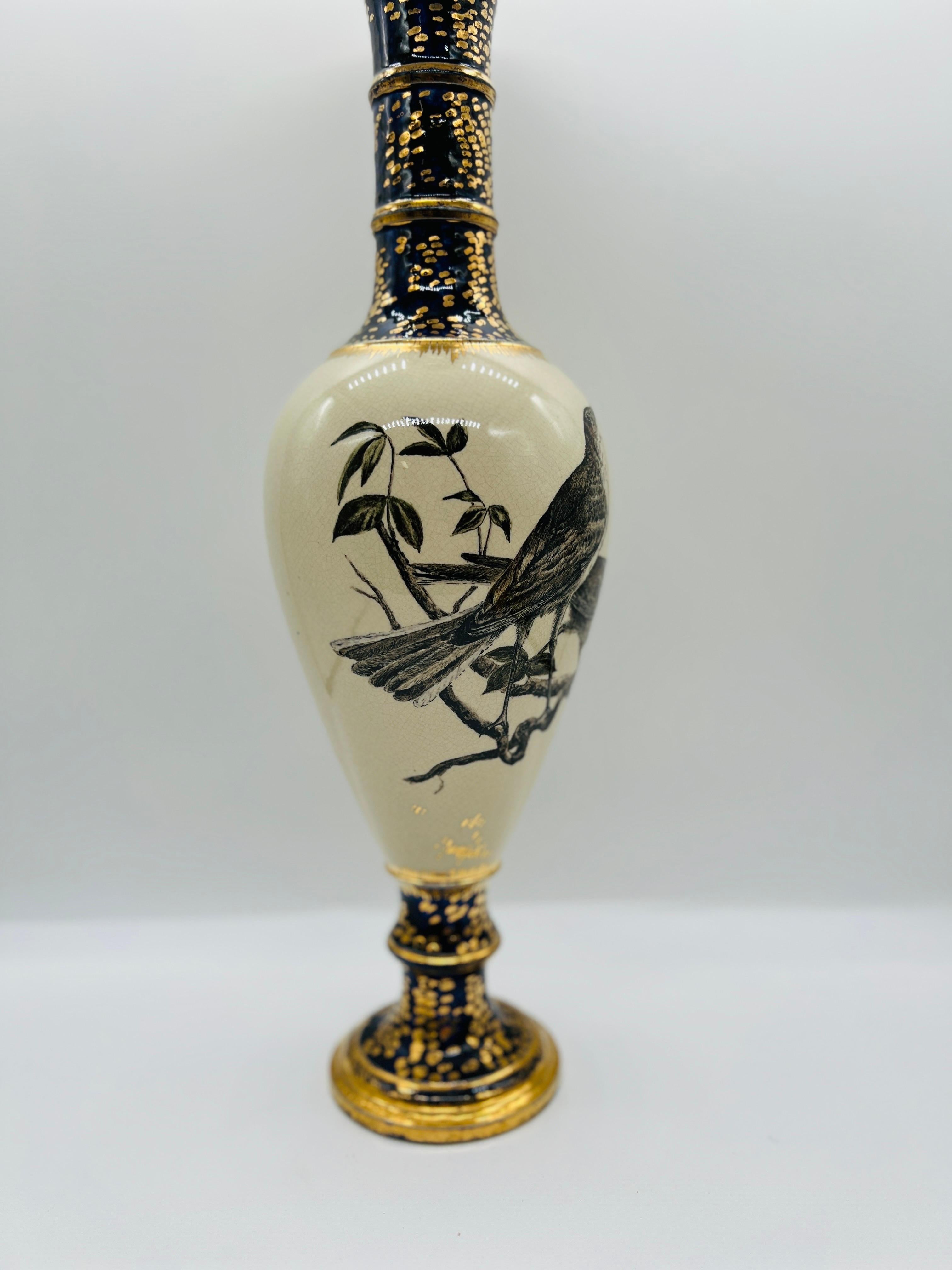 Ceramic C. 1879, Cincinnati Pottery Club Sparrow Decorated Vase By Mrs. Fannie M Banks For Sale