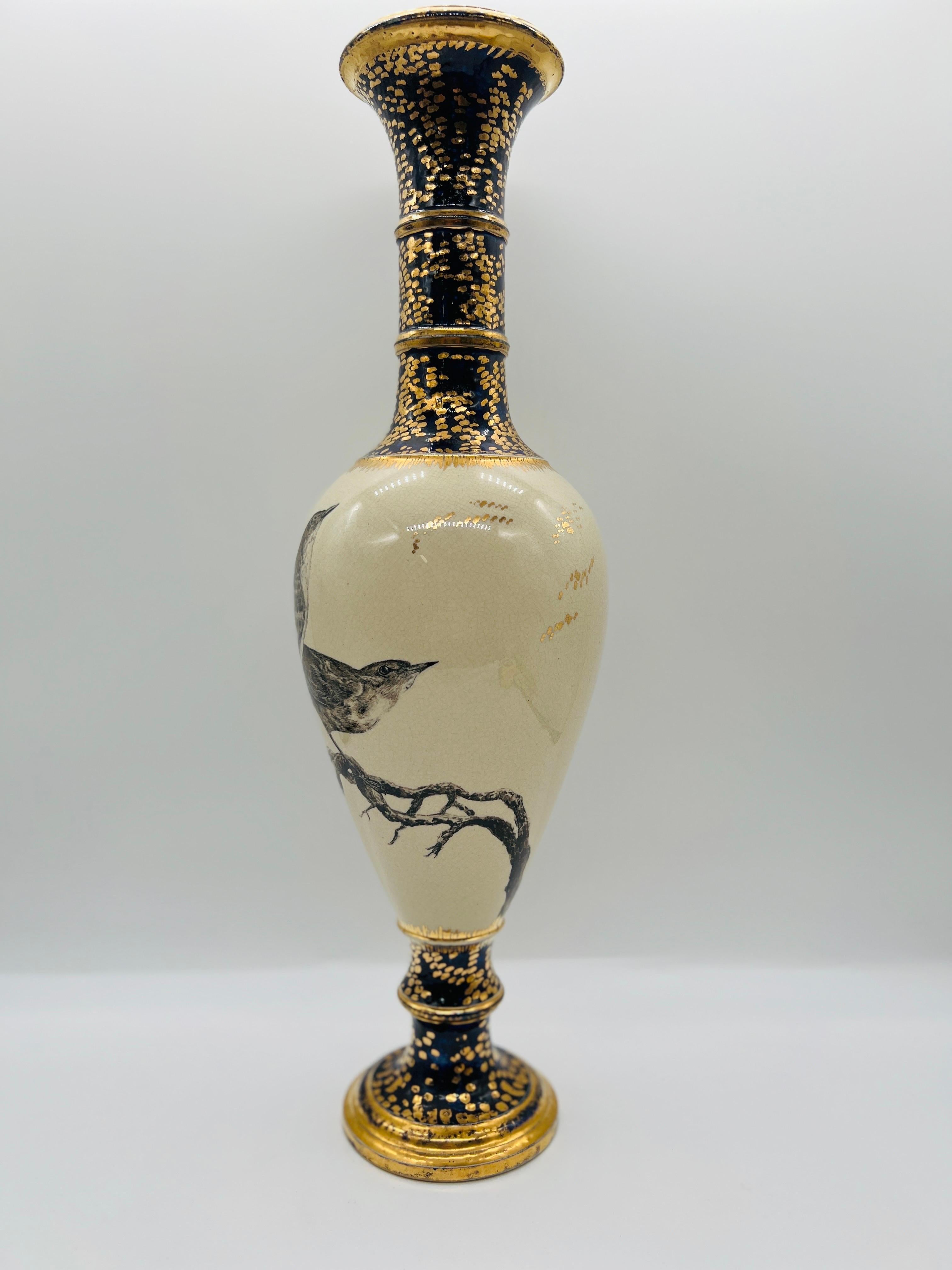 C. 1879, Cincinnati Pottery Club Sparrow Decorated Vase By Mrs. Fannie M Banks For Sale 2